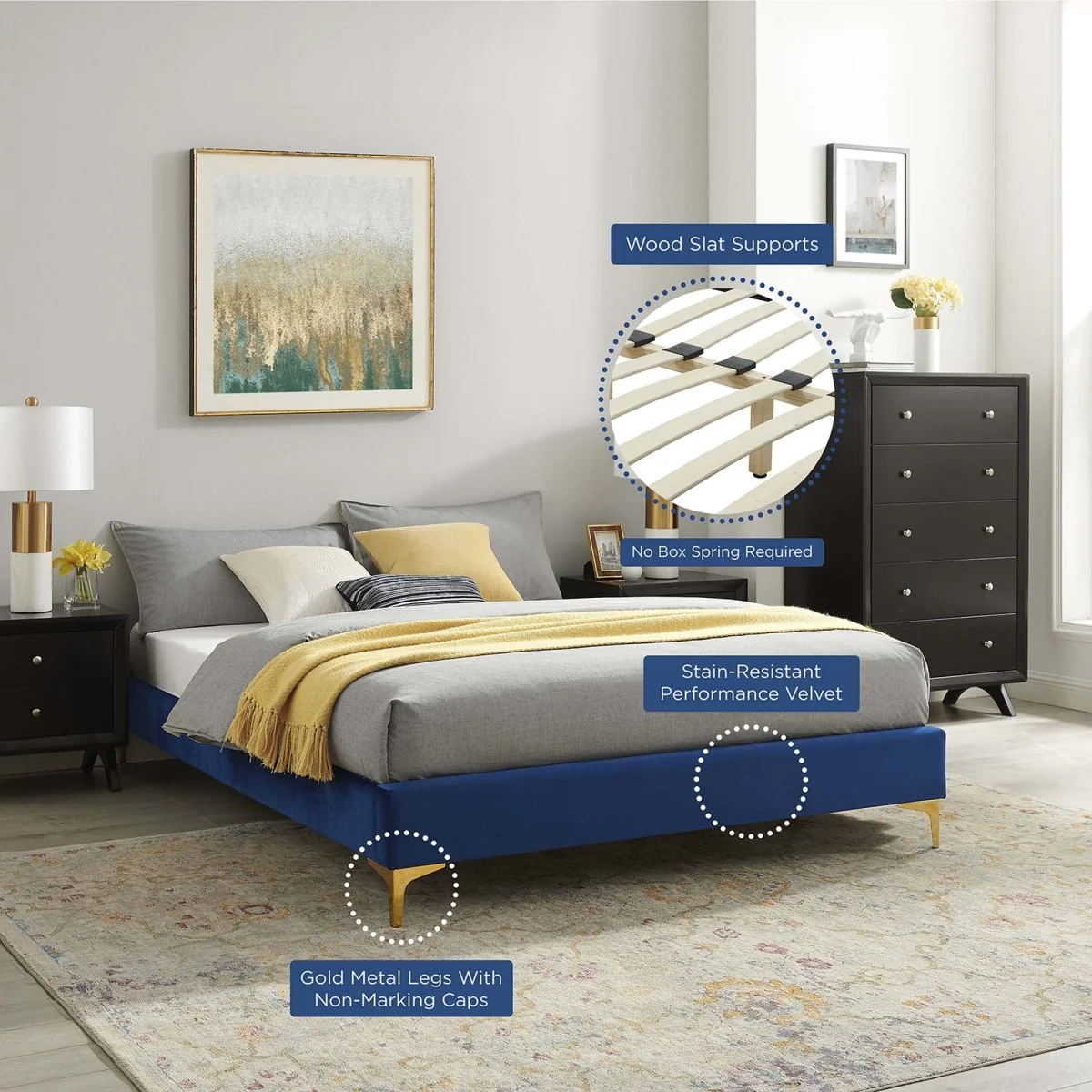 Performance Velvet Platform Bed Frame with Gold Metal Legs - Image 32
