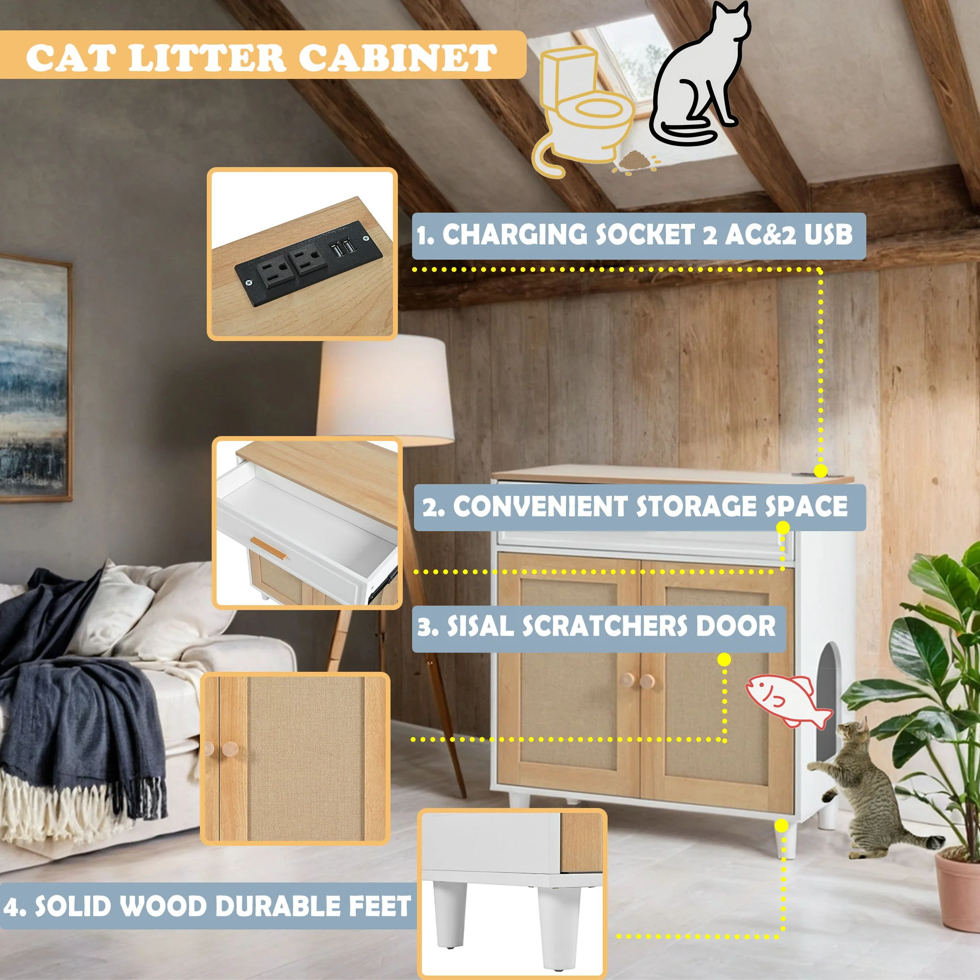 Pet Friendly Furniture Style Cat Litter Box House With Sisal Scratching Door And Charging Socket - Beige / White - Image 9