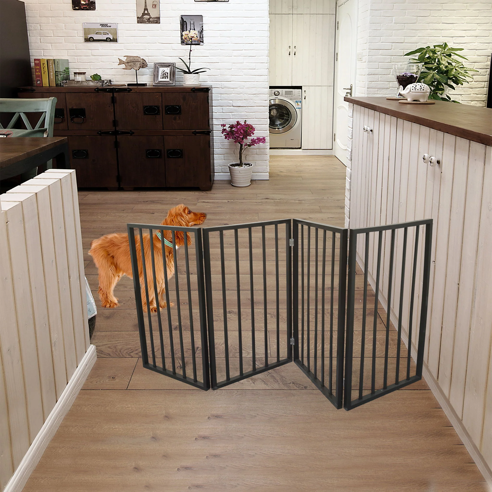 Pet Gate Dog Gate For Doorways, Stairs Or House Freestanding, Folding - Dark Brown - Image 6