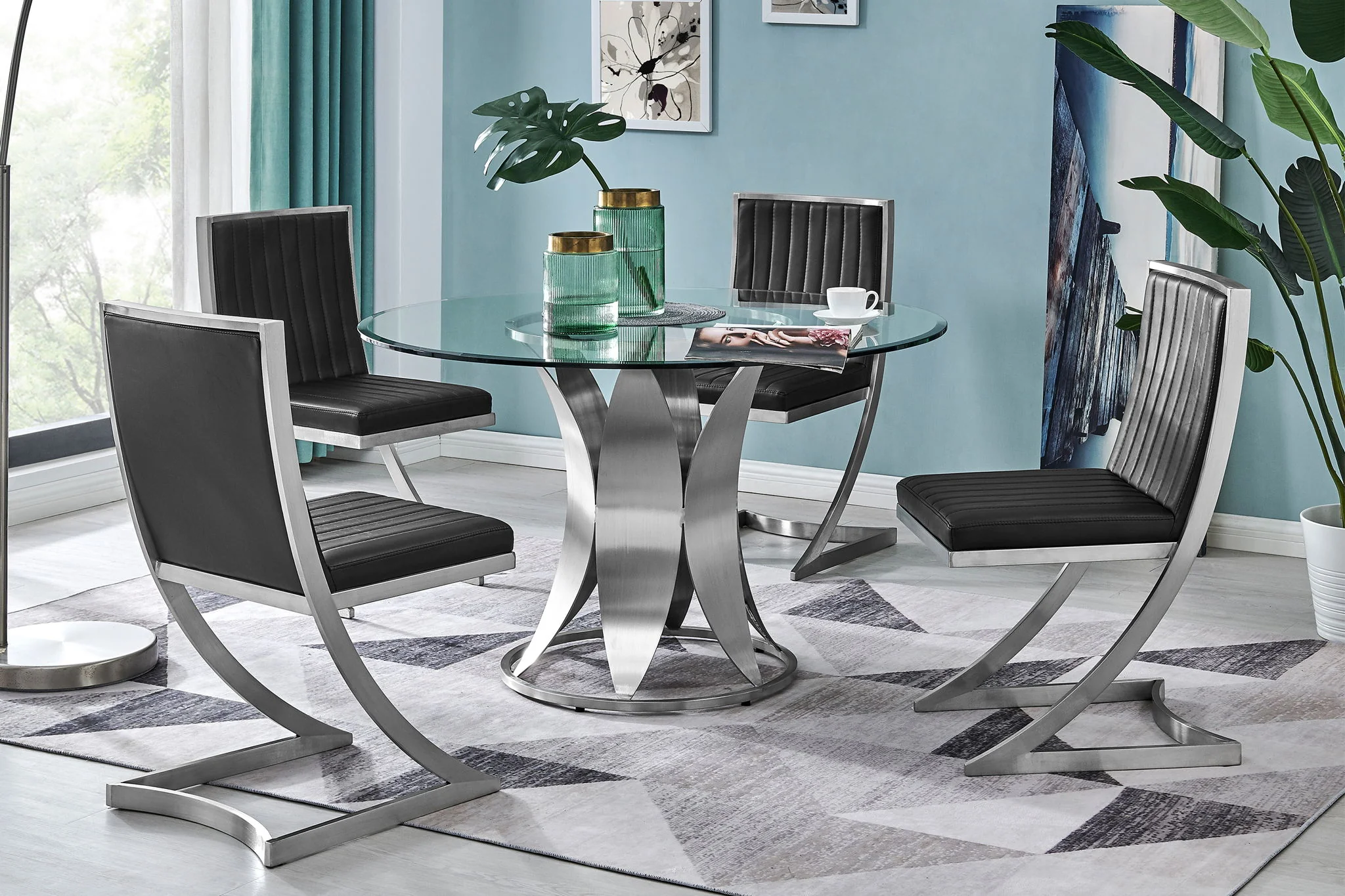 Petal - Modern Glass Round Pedestal Dining Table - Brushed Stainless Steel - Image 2