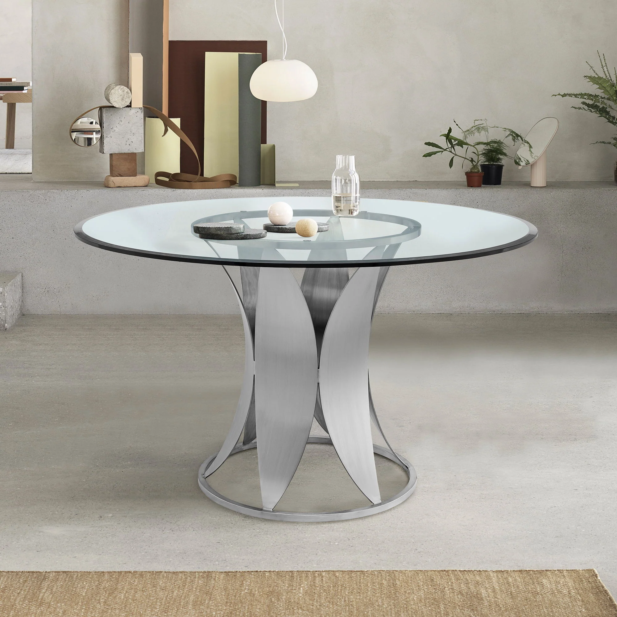 Petal - Modern Glass Round Pedestal Dining Table - Brushed Stainless Steel - Image 7