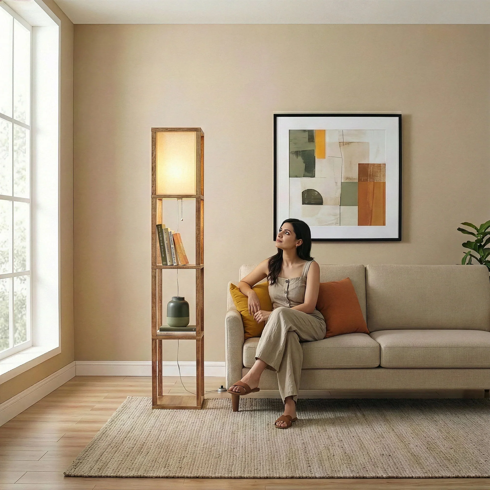 Pinnacle - Shelf Floor Lamp For Bedroom / Living Room, Long Shade - Natural Wood / White - Image 3
