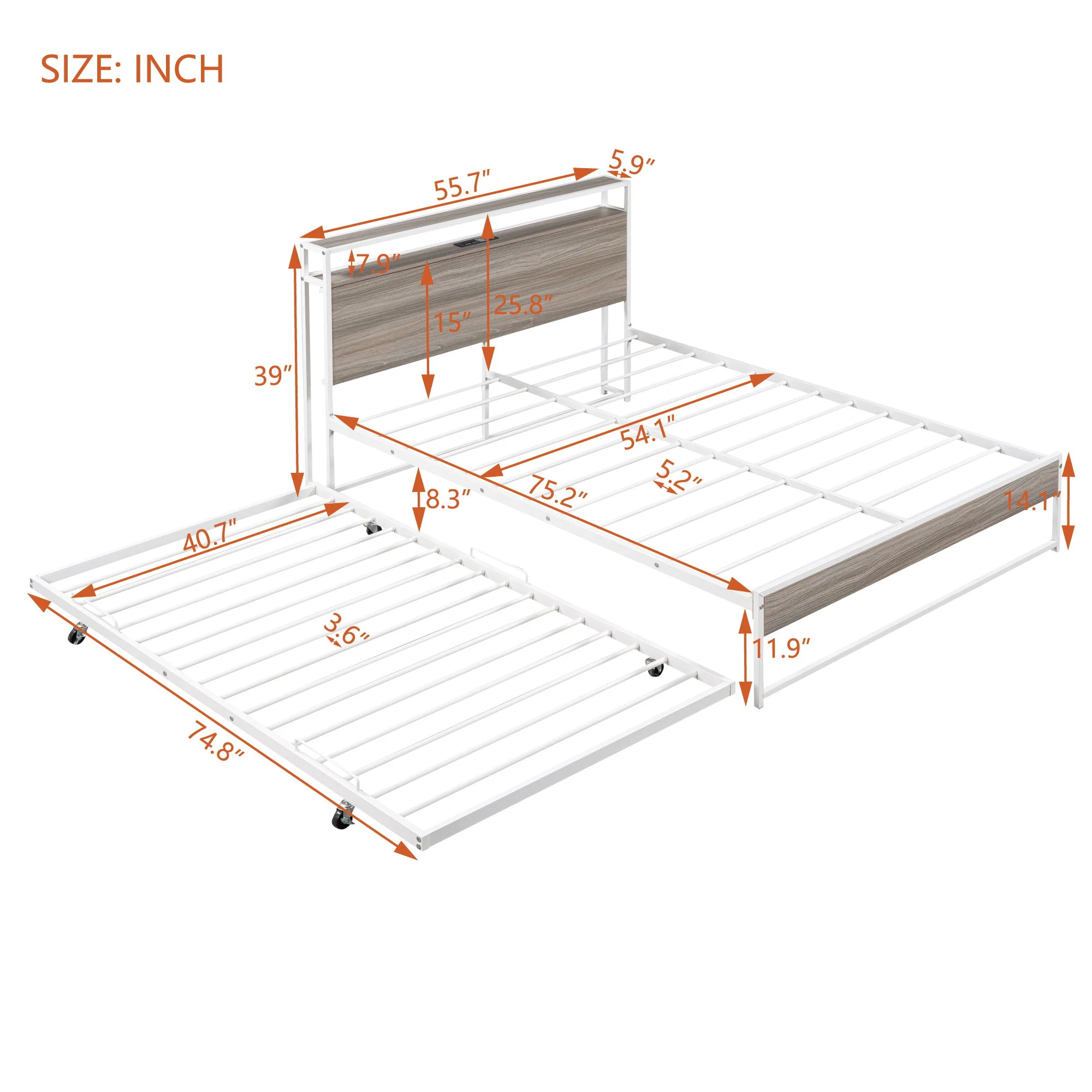 Platform Bed Frame With Trundle, USB Ports And Slat Support, No Box Spring Needed - Image 8