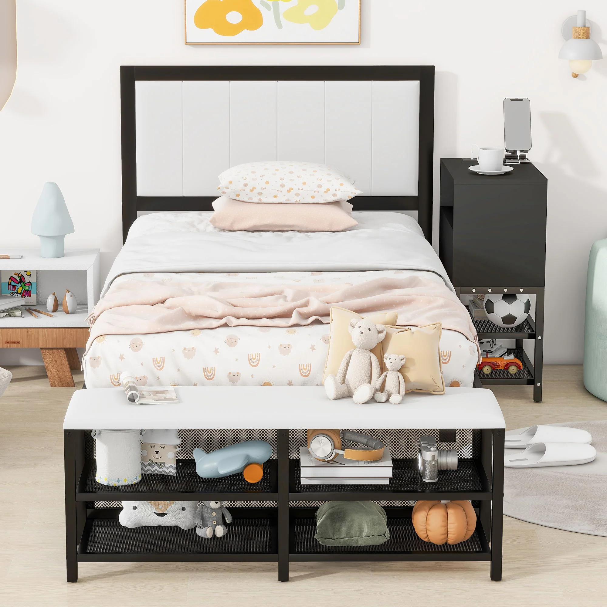 Platform Bed With 2 Tier Storage Shelves, Storage Cabinet - Image 17