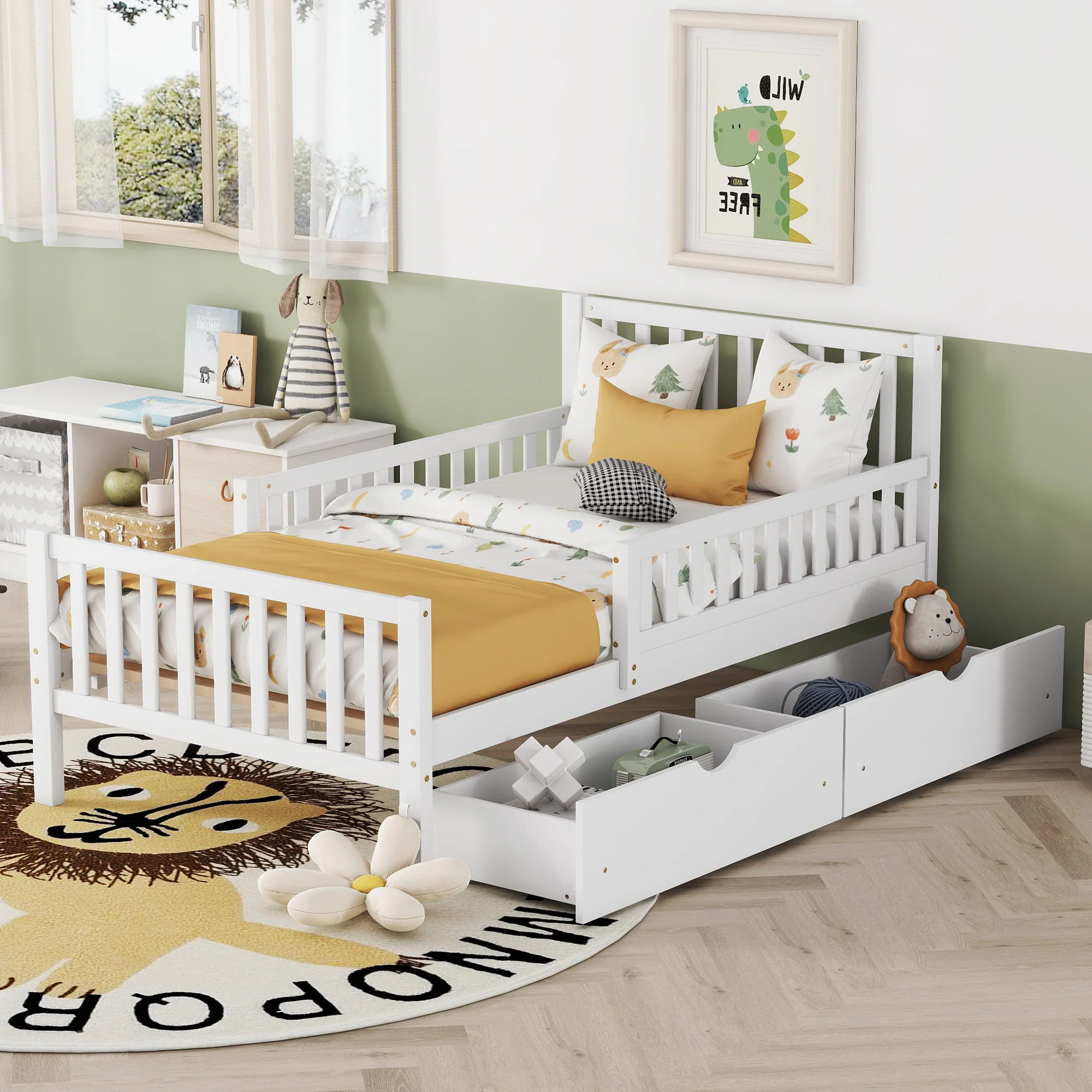 Platform Bed With Guardrails On Both Sides And 2 Storage Drawers - Image 2
