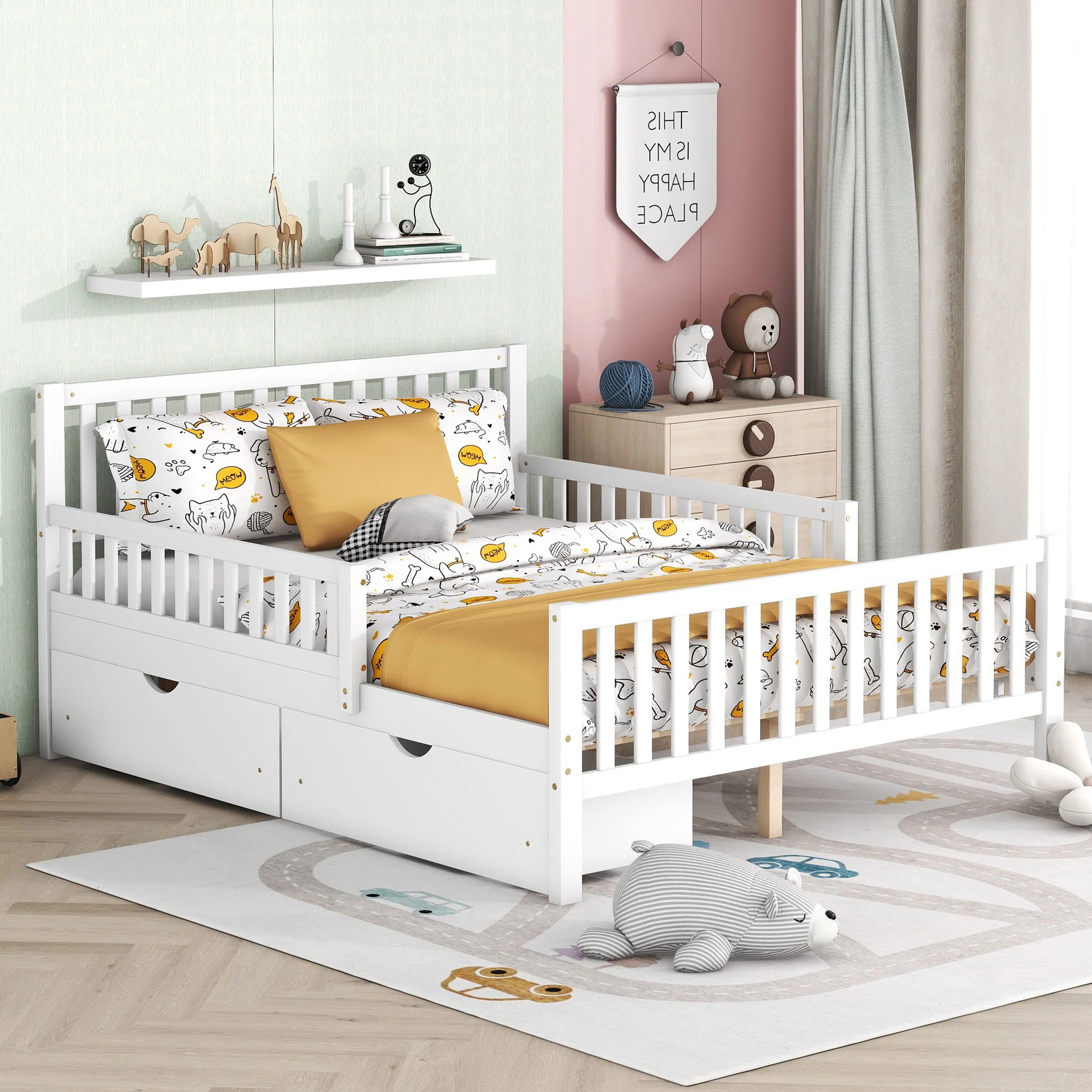 Platform Bed With Guardrails On Both Sides And 2 Storage Drawers - Image 31