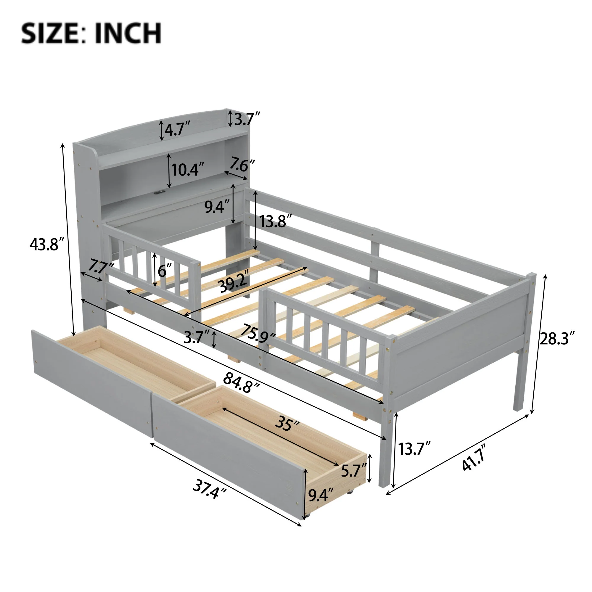 Platform Bed With LED Light, Multi Functional Headboard, Guardrail And 2 Drawers - Image 4