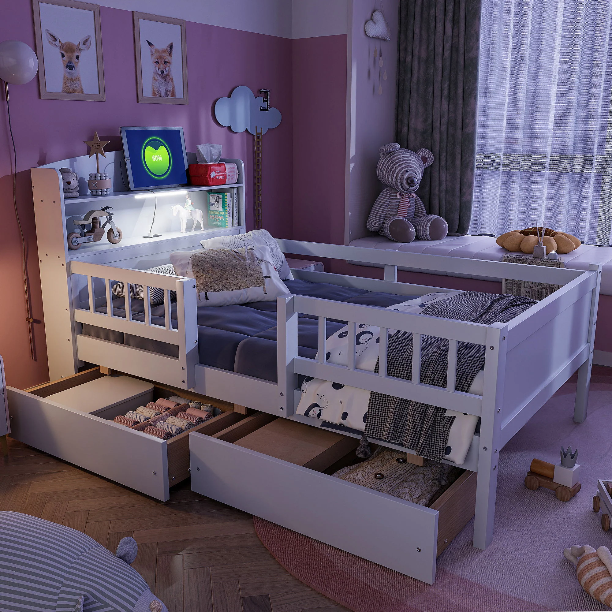 Platform Bed With LED Light, Multi Functional Headboard, Guardrail And 2 Drawers - Image 8