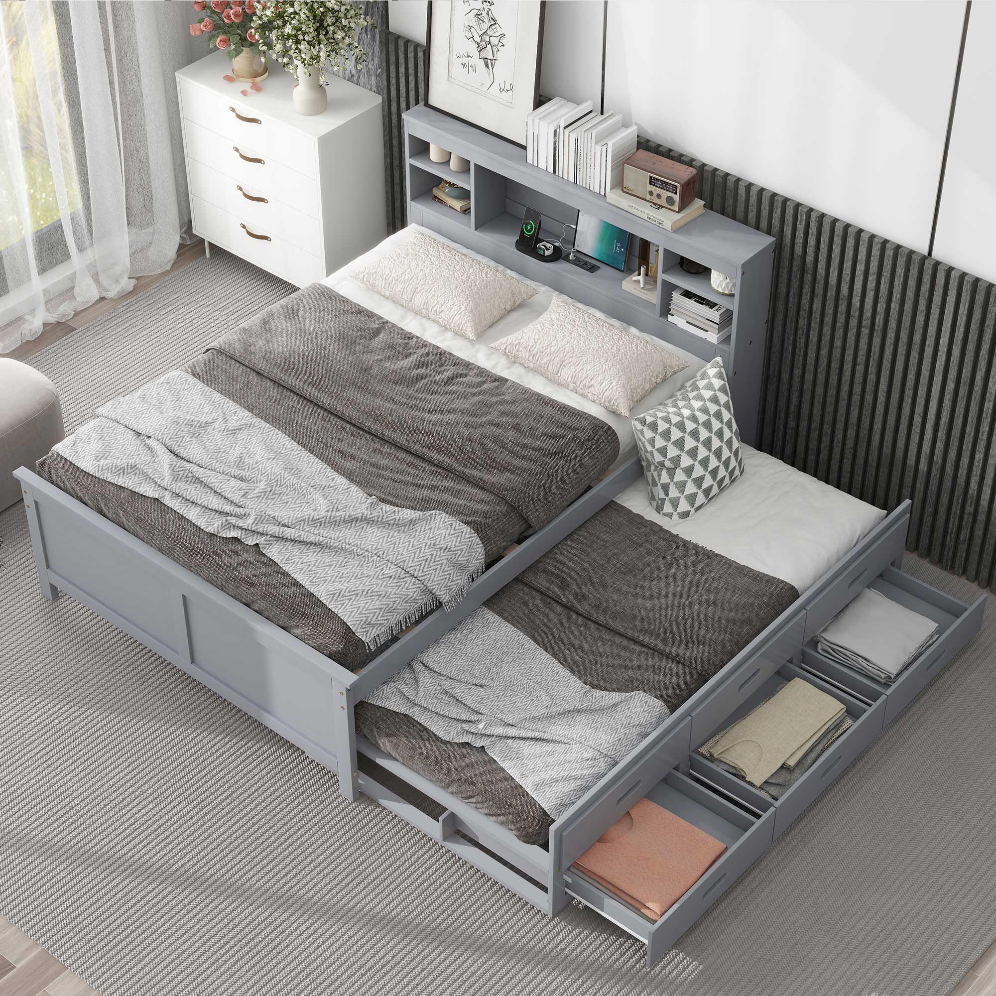 Platform Bed With Storage Headboard, USB, Trundle And 3 Drawers - Image 32