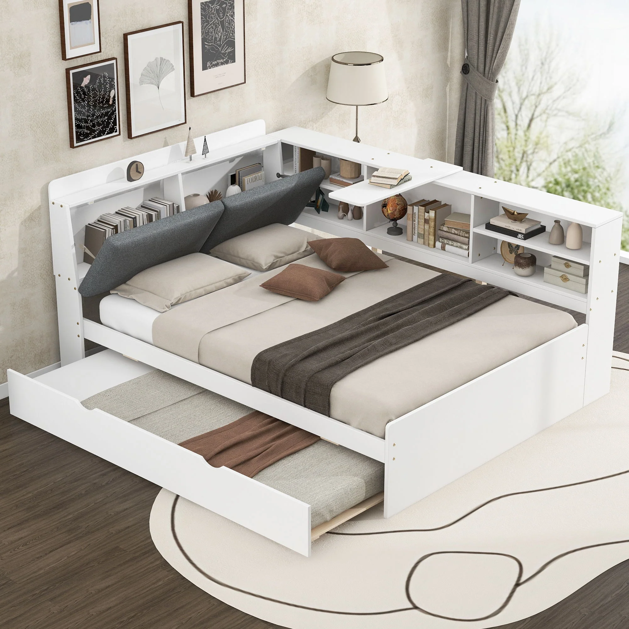 Platform Bed With Trundle, Shelves, And Storage Headboard - Image 5
