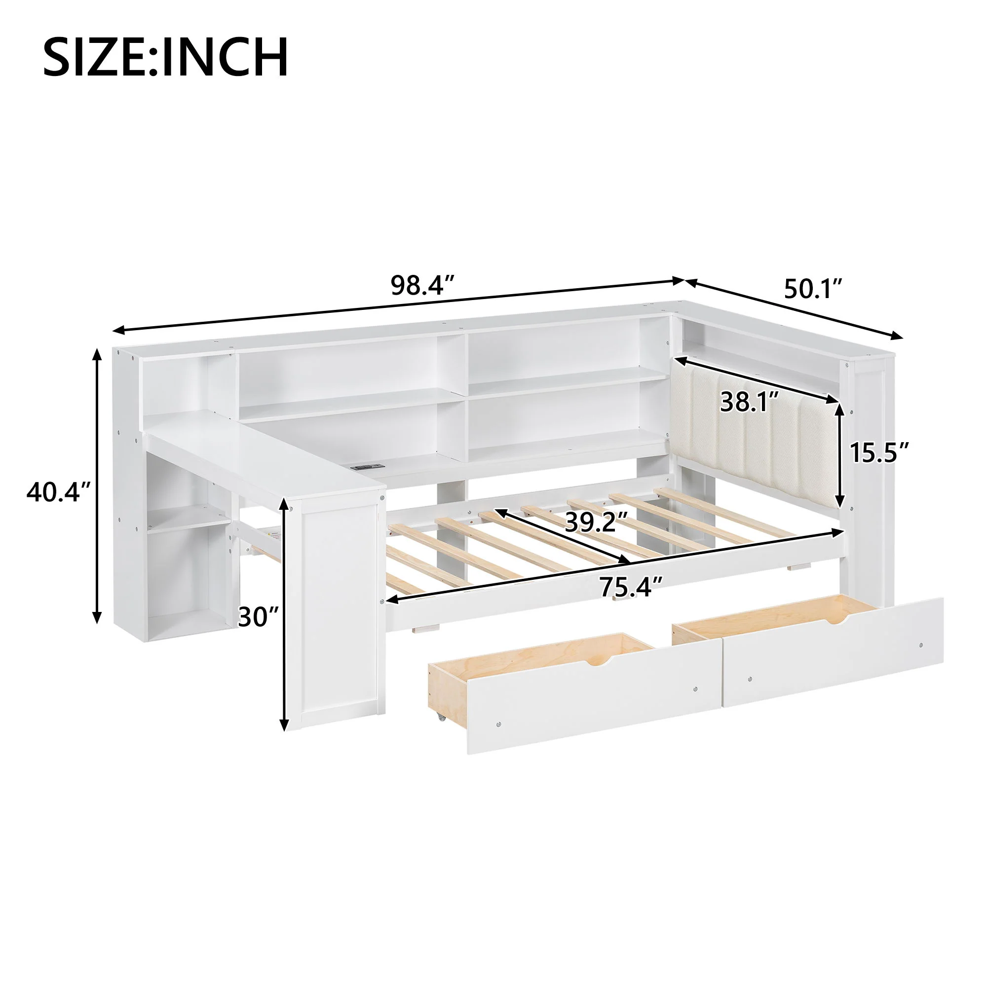 Platform Bed With Upholstered Headboard, Storage Shelves, Drawers, Charging Station, LED Lighting, Built In Desk - Image 26