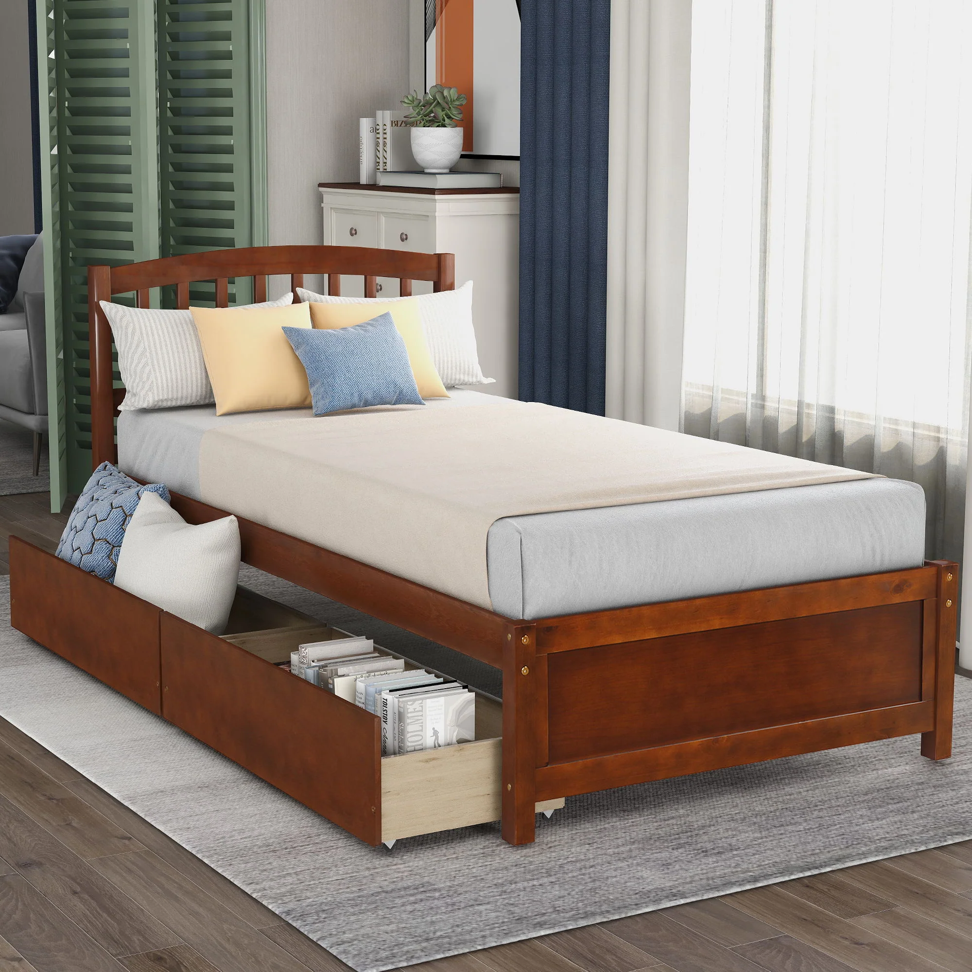 Platform Storage Bed Wood Bed Frame With Two Drawers And Headboard - Image 16