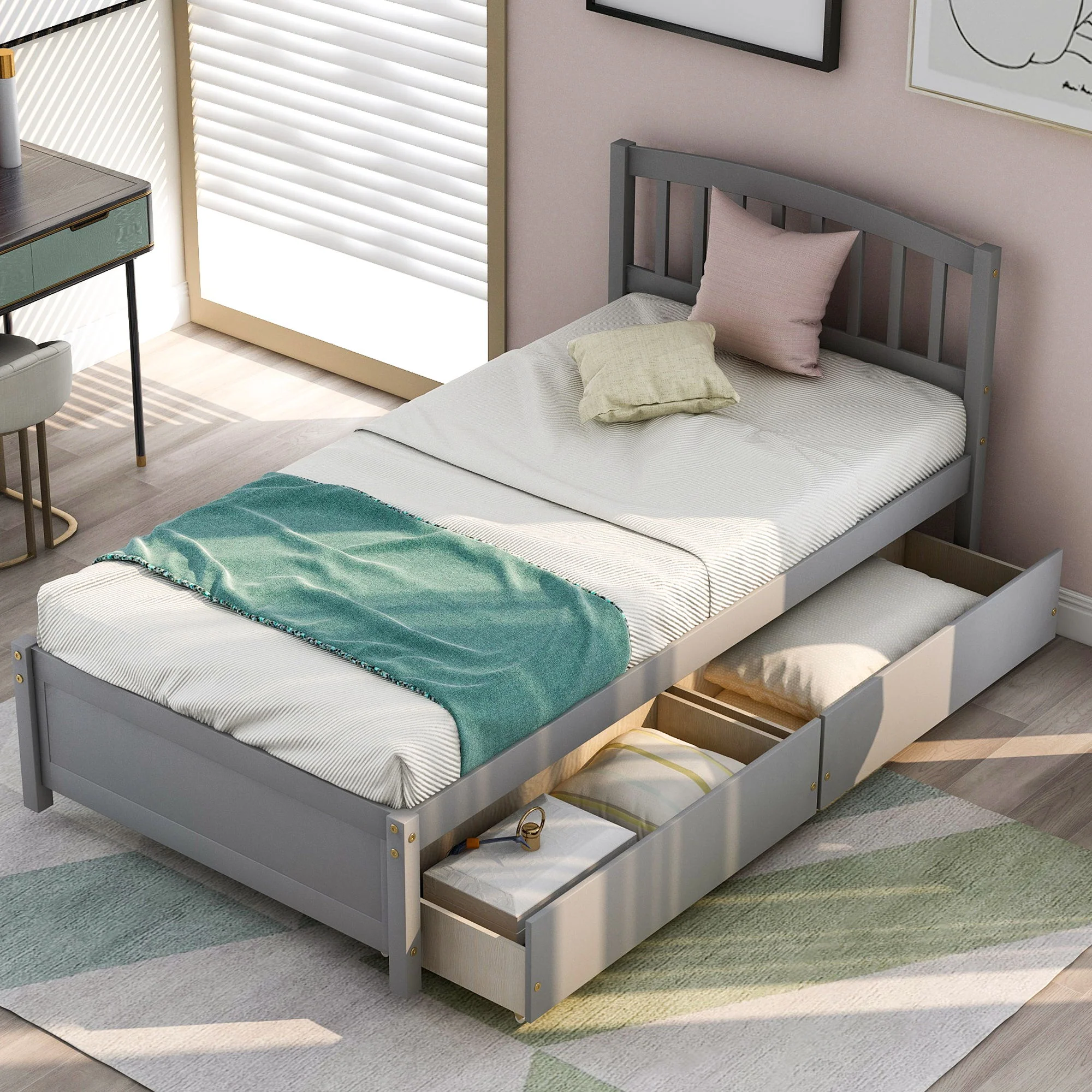 Platform Storage Bed Wood Bed Frame With Two Drawers And Headboard - Image 32