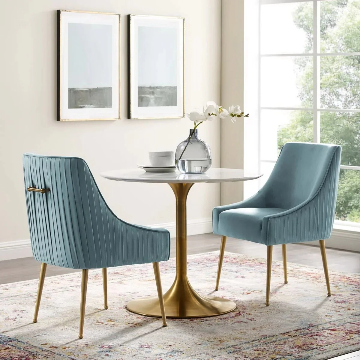 Pleated Back Performance Velvet Dining Chair Set of 2 – Gold Legs - Image 6