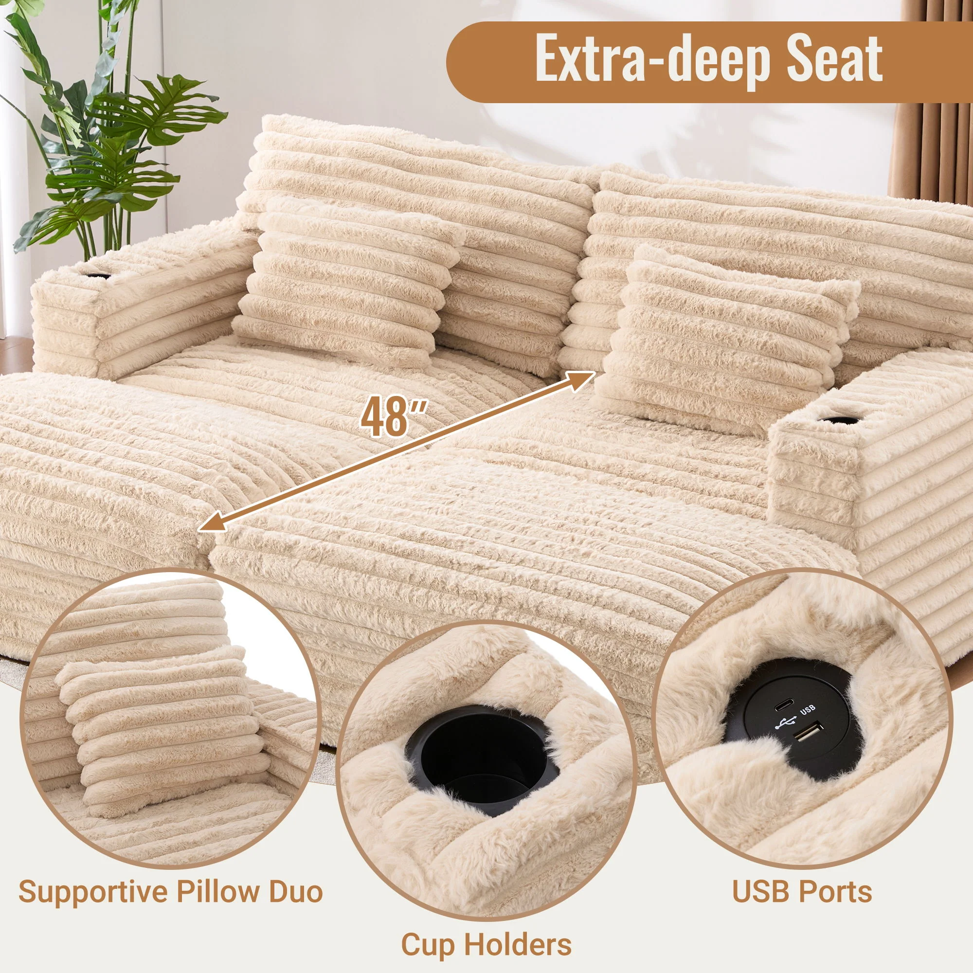 Oversized Double Chaise Lounge Sofa Bed With USB Ports And Cup Holders - Image 23