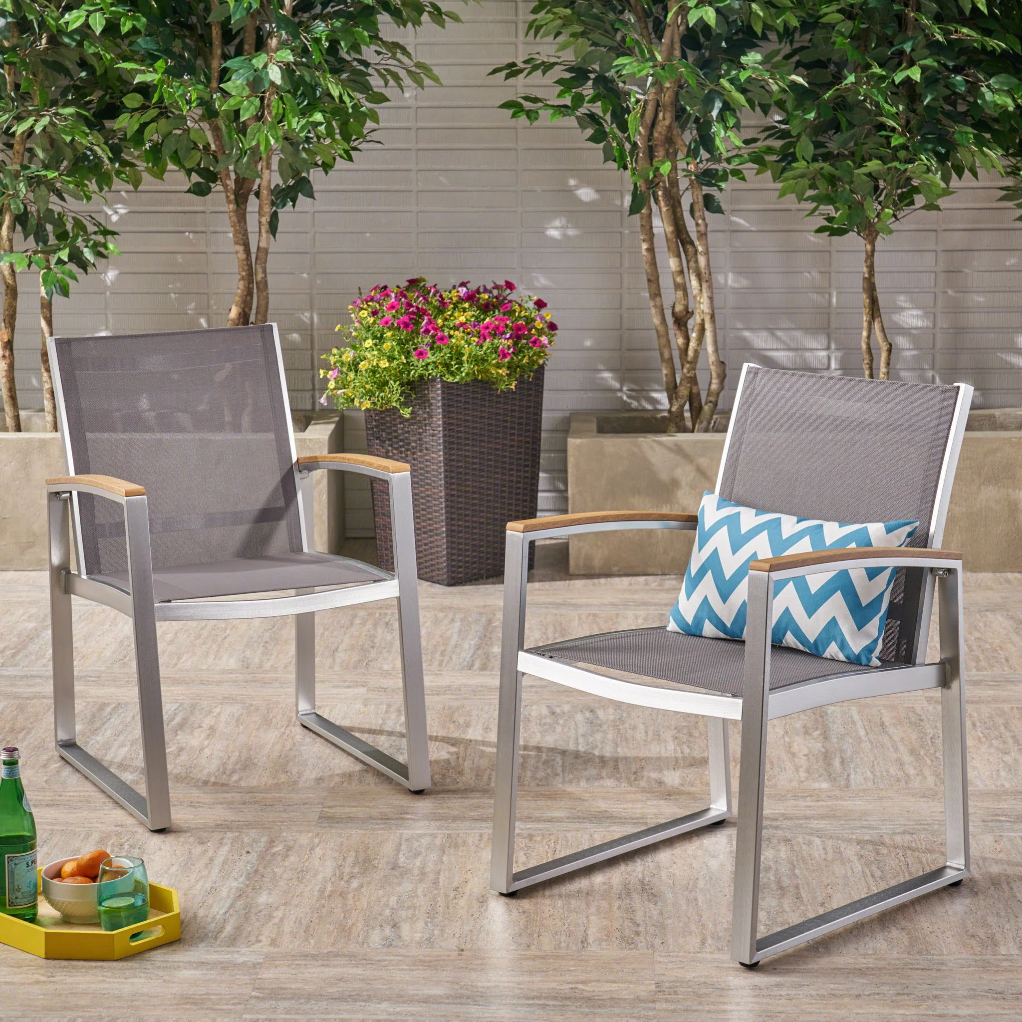 Poetic - Outdoor Dining Chair With Faux Wood Arms And Aluminum Frame (Set of 2) - Gray - Image 5