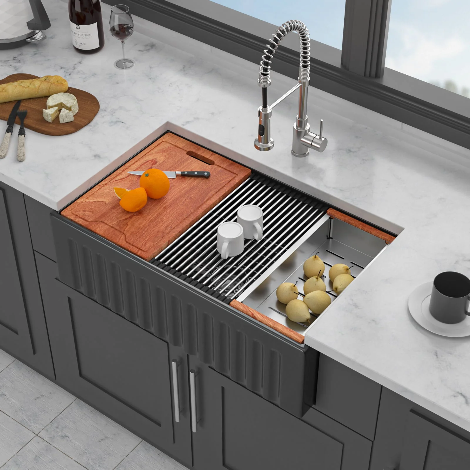 Porcelain Ceramic Farmhouse Sink Workstation With Reversible Apron Design - Single Bowl - Image 18