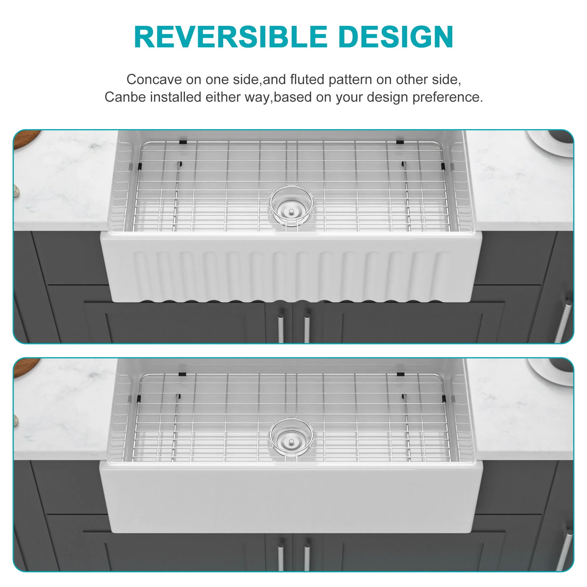 Porcelain Ceramic Farmhouse Sink Workstation With Reversible Apron Design - Single Bowl - Image 3
