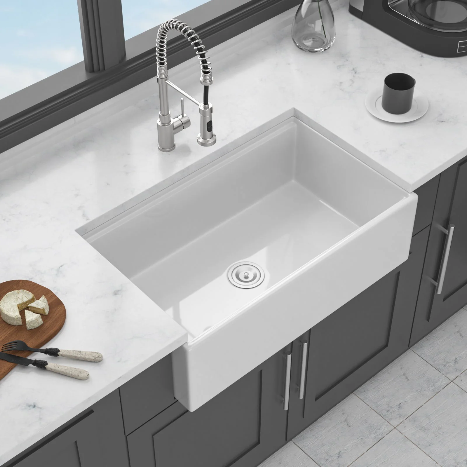Porcelain Ceramic Farmhouse Sink Workstation With Reversible Apron Design - Single Bowl - Image 5