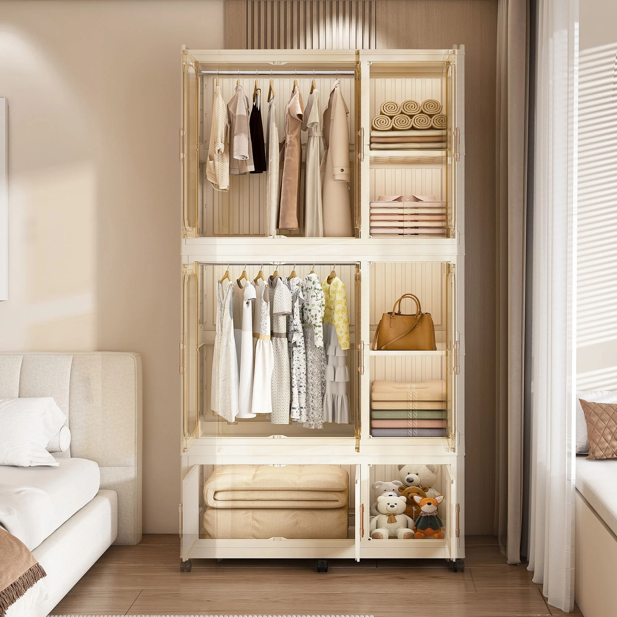Portable Wardrobe Closet Storage Organizer For Clothes, 9 Magnetic Doors With 9 Cubes & 2 Hanging Rods, 6 Hangers - Cream White - Image 3