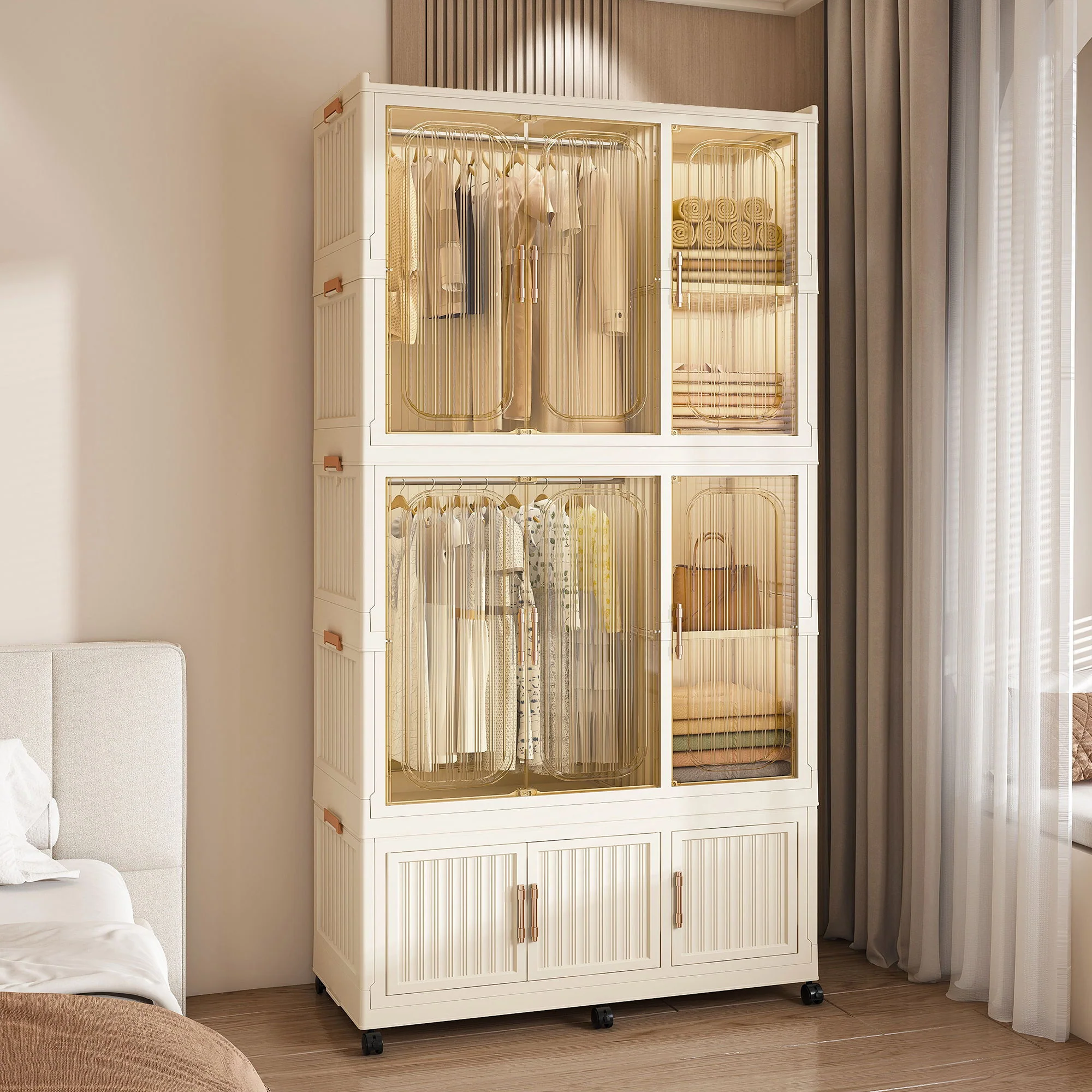 Portable Wardrobe Closet Storage Organizer For Clothes, 9 Magnetic Doors With 9 Cubes & 2 Hanging Rods, 6 Hangers - Cream White - Image 6