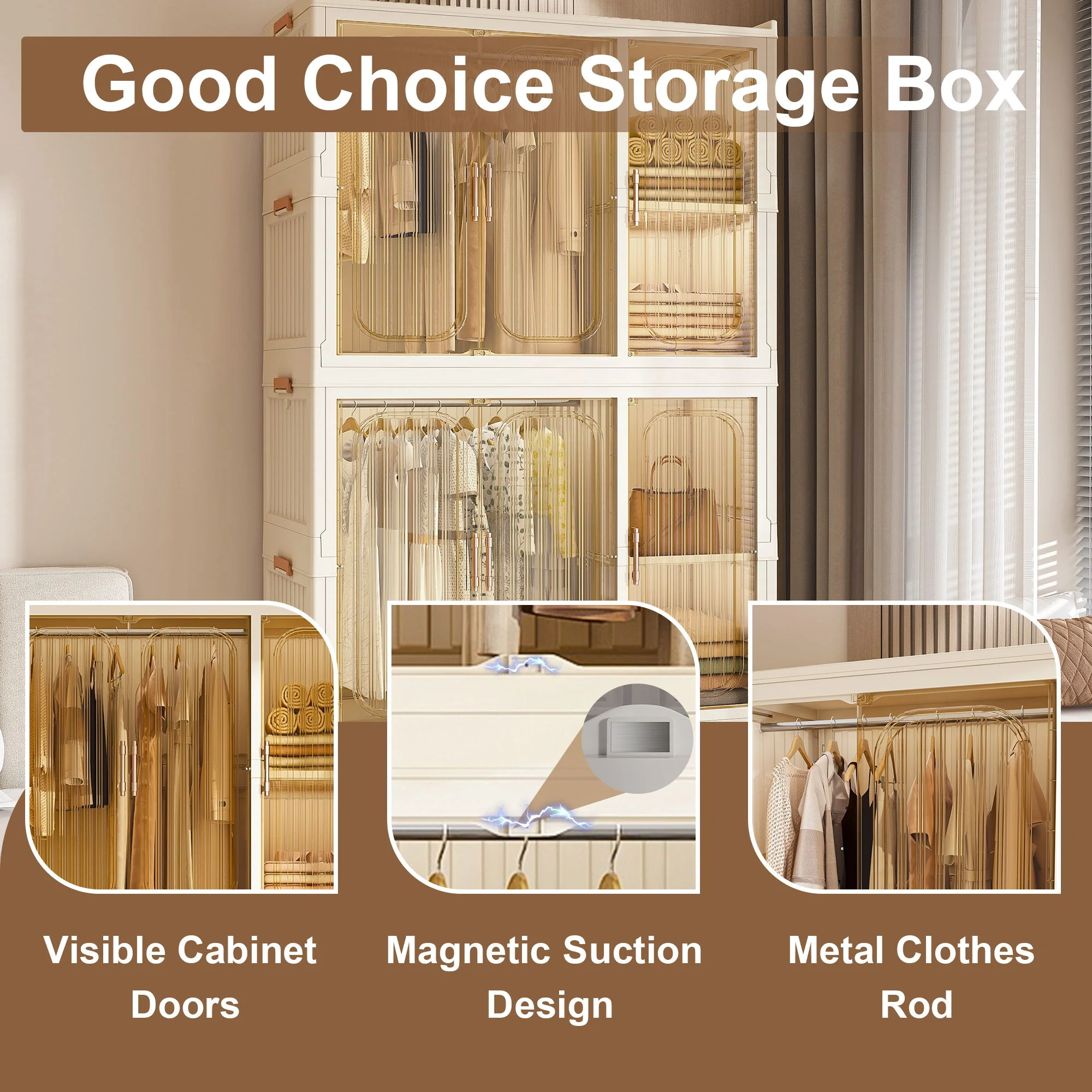 Portable Wardrobe Closet Storage Organizer For Clothes, 9 Magnetic Doors With 9 Cubes & 2 Hanging Rods, 6 Hangers - Cream White - Image 7