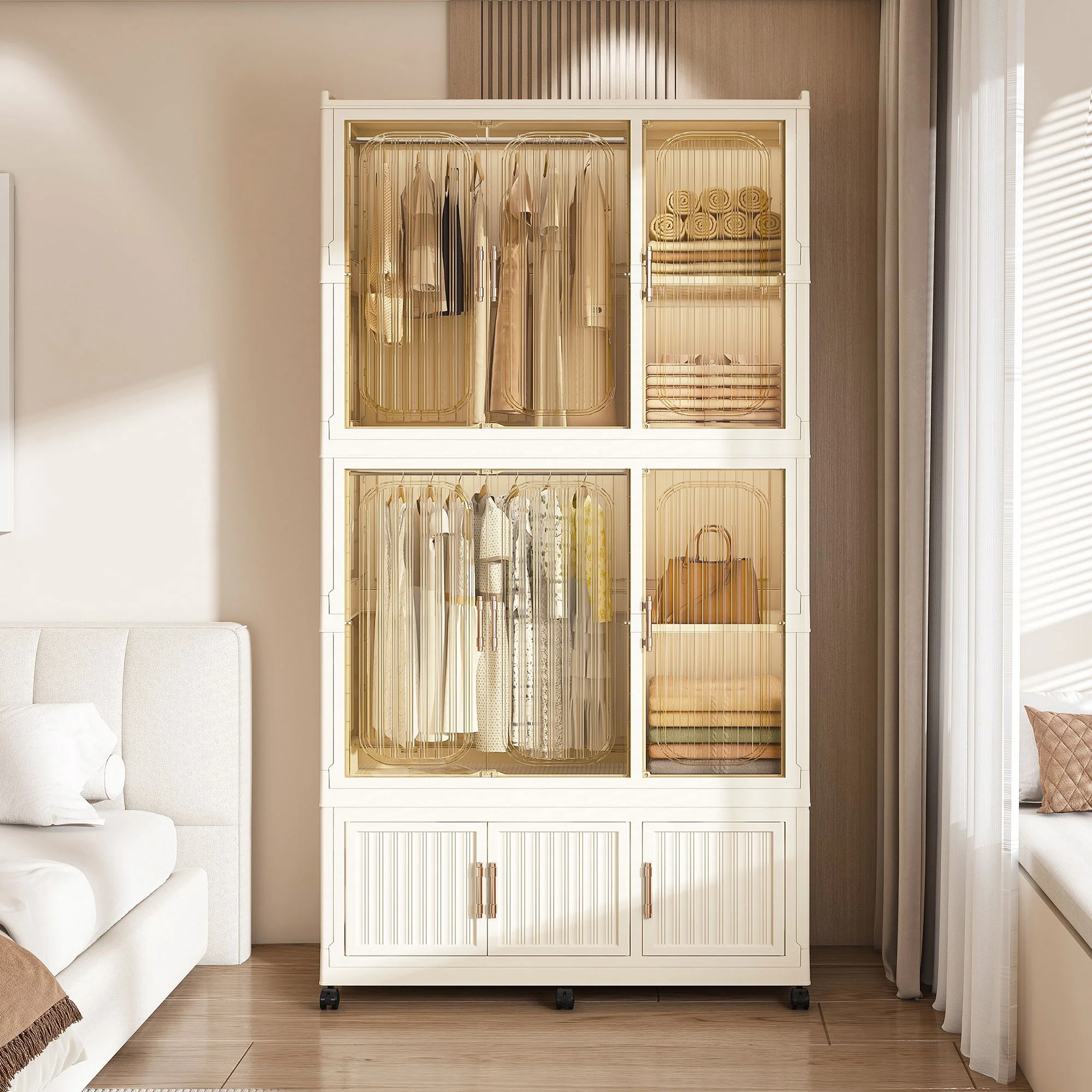 Portable Wardrobe Closet Storage Organizer For Clothes, 9 Magnetic Doors With 9 Cubes & 2 Hanging Rods, 6 Hangers - Cream White - Image 8