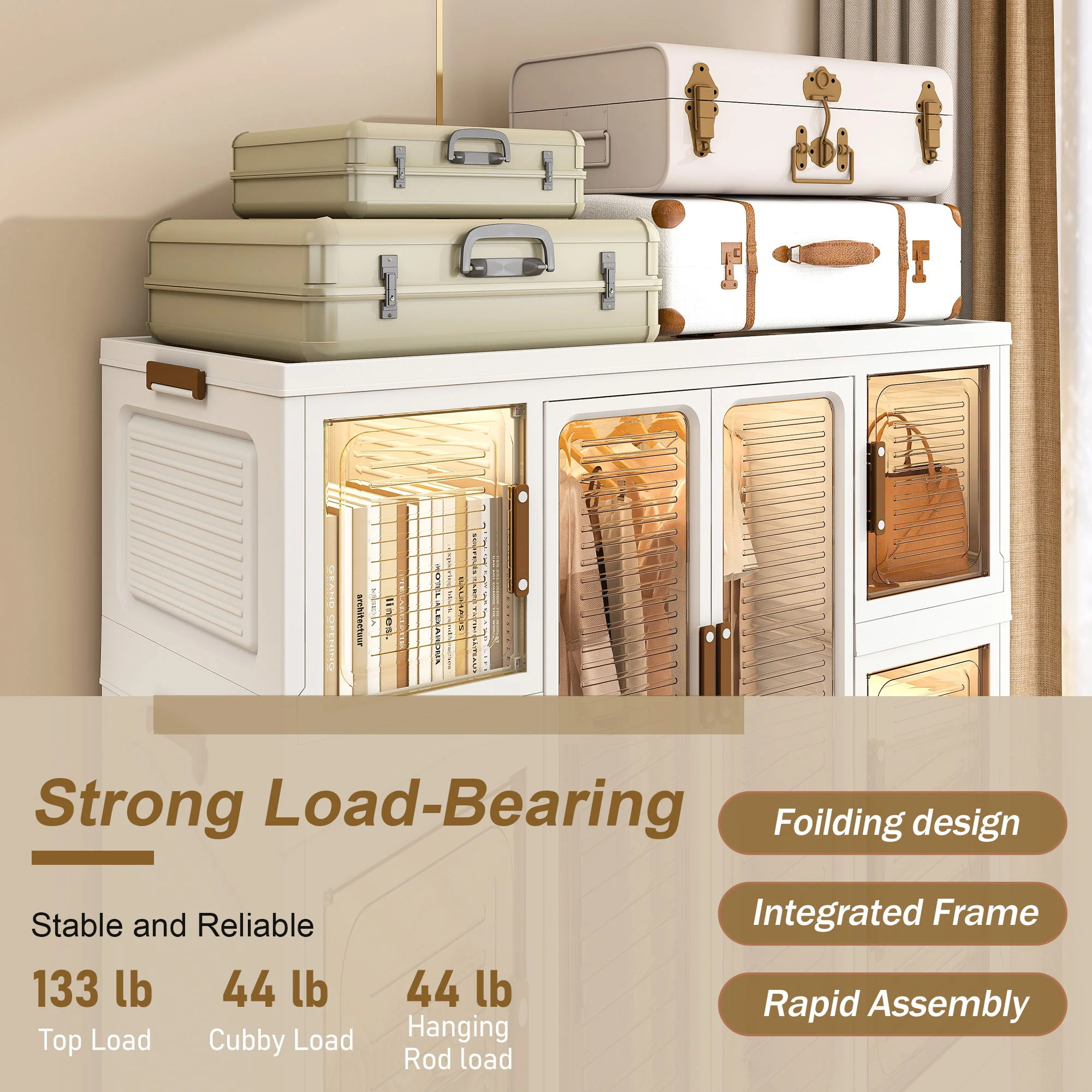 Portable Wardrobe Closet Storage Organizer For Clothes With Magnetic Doors, 12 Cubes & 2 Hanging Rods - White - Image 2