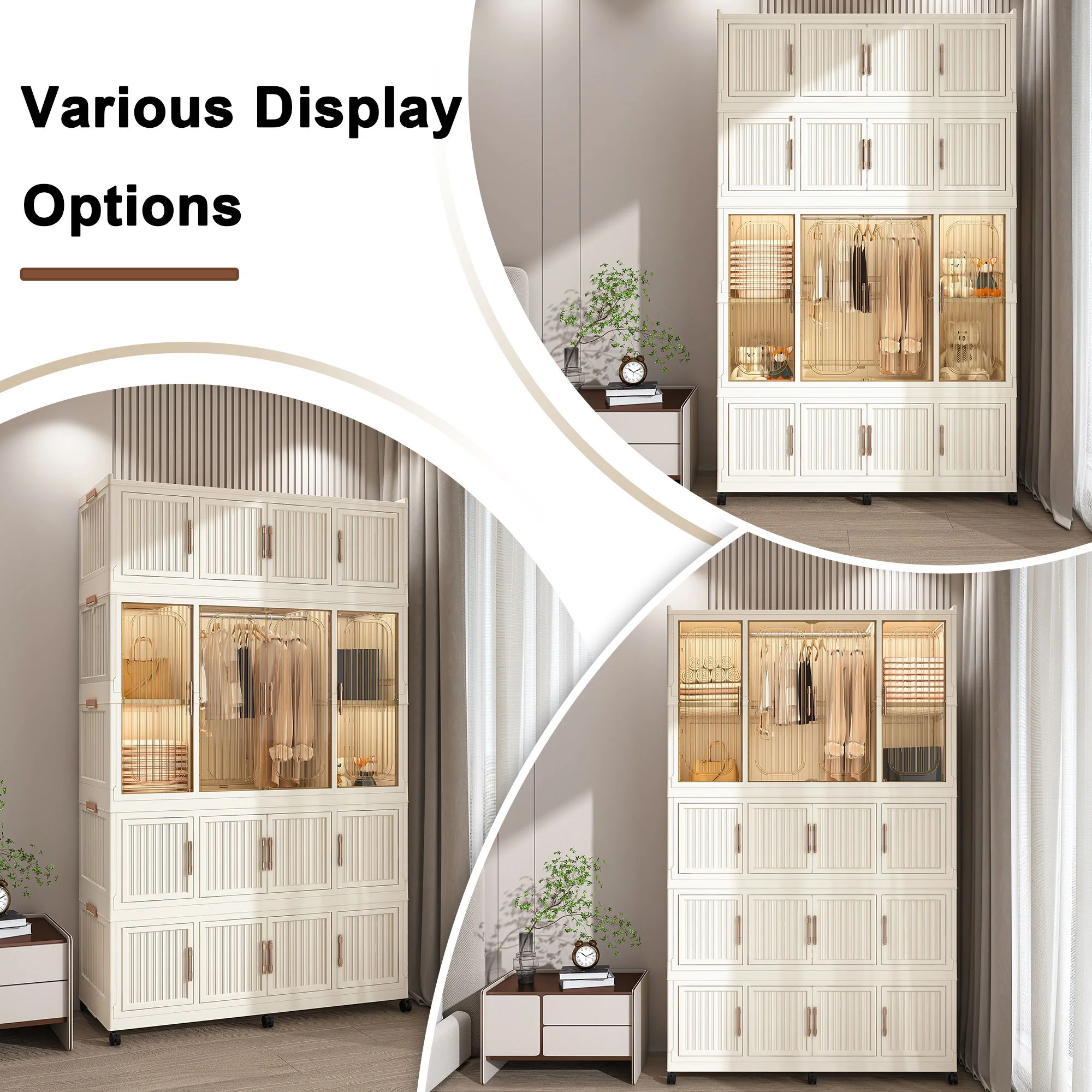 Portable Wardrobe Closet Storage Organizer With 17 Magnetic Doors, 17 Cubes, Hanging Rod & 6 Hangers - Creamy White - Image 5