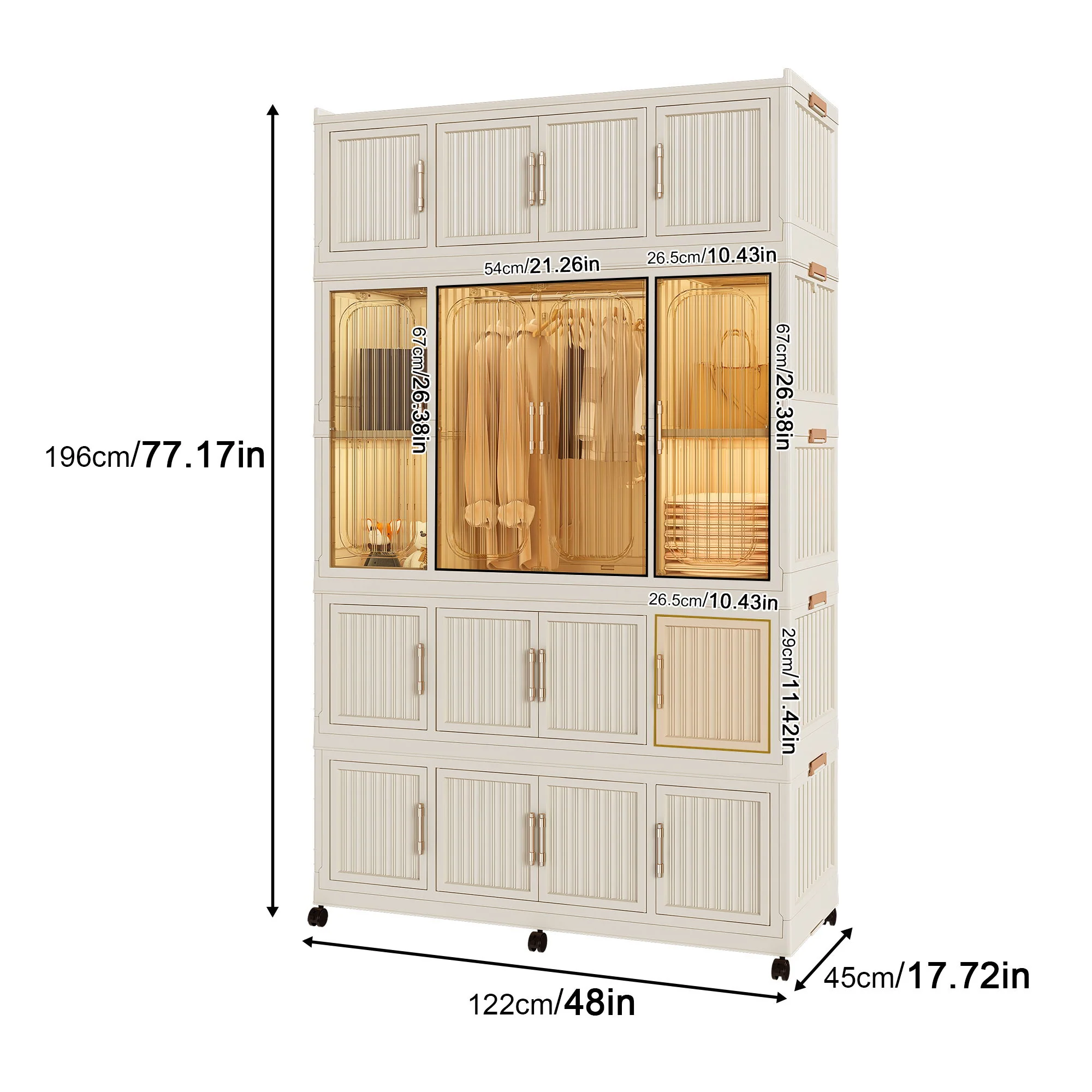 Portable Wardrobe Closet Storage Organizer With 17 Magnetic Doors, 17 Cubes, Hanging Rod & 6 Hangers - Creamy White - Image 8