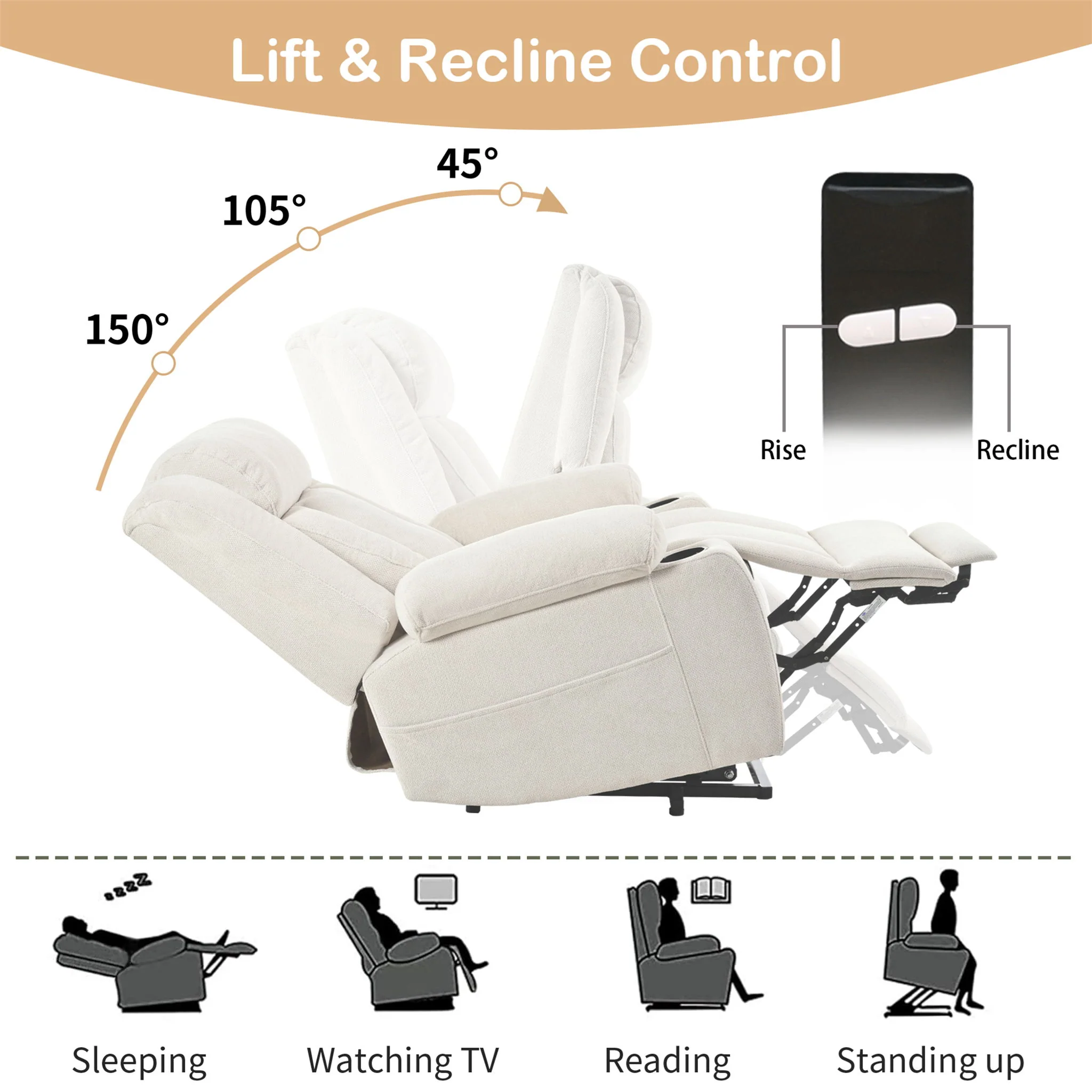 Power Lift Recliner Chair With Extended Footrest, Remote Control, Cup Holders, And Side Pockets - Image 5