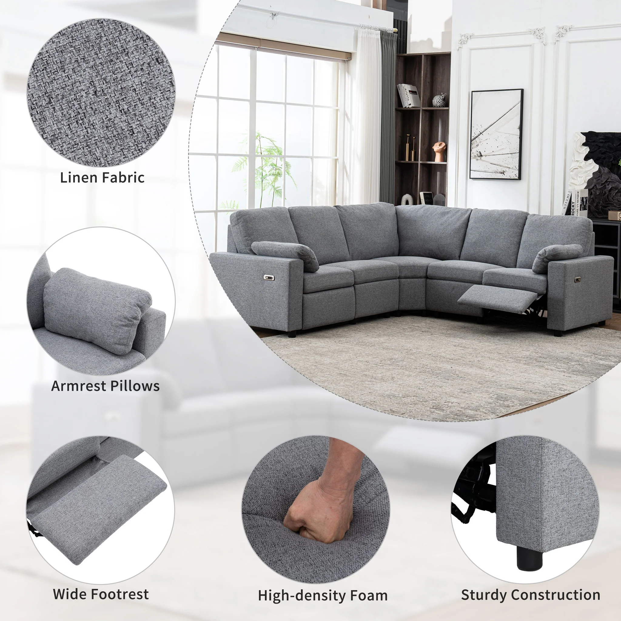 Power Recliner Sectional Sofa Home Theater Reclining Sofa With Two USB Ports, Two Storage Drawers For Living Room - Image 15