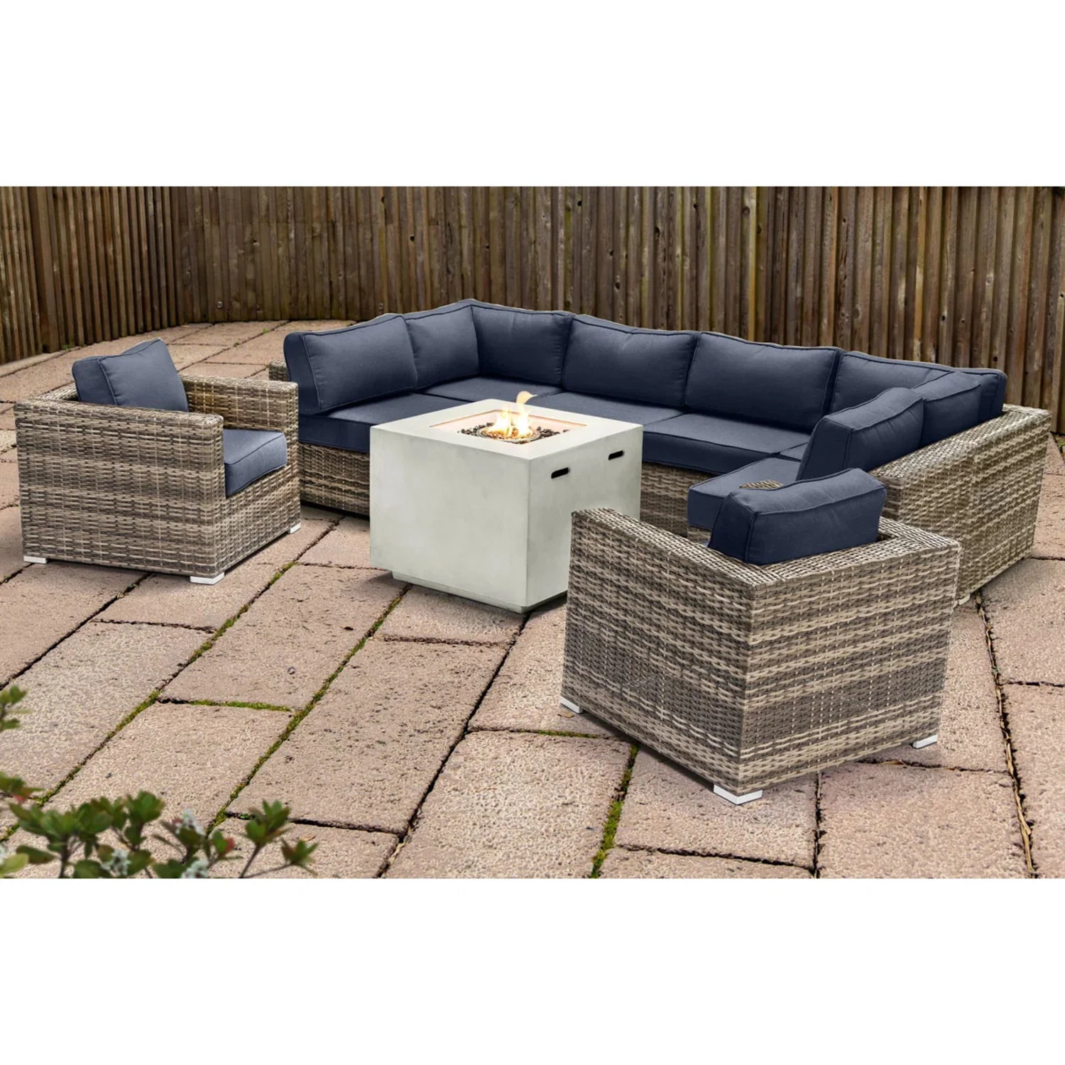 Premium 6 Person Wicker Patio Seating Group With Deep Cushions And Concrete Fire Pit - Gray Mix - Image 2