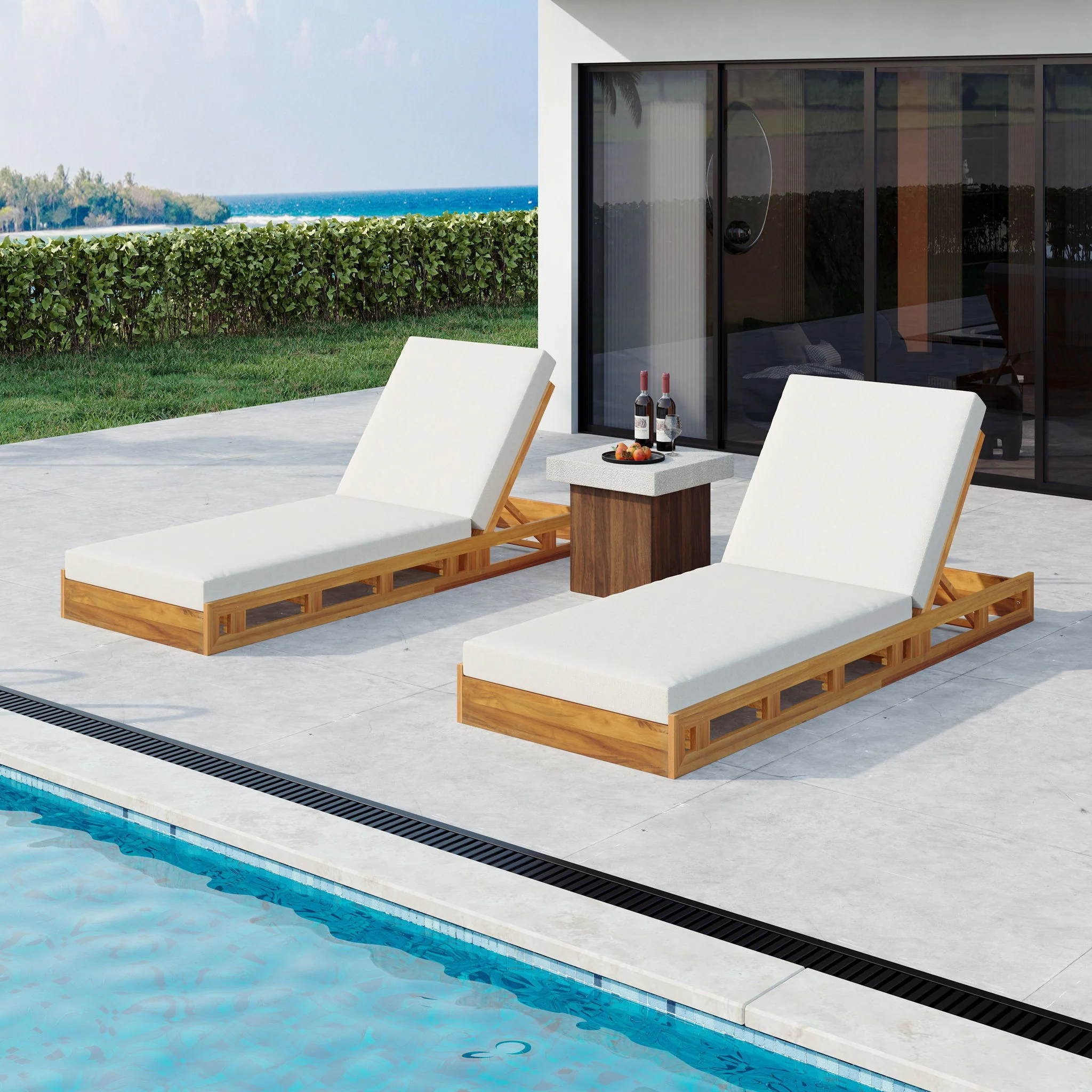Premium Acacia Wood Lounge Chaise Set With Water Resistant Cushions, Adjustable Recline - Cream / Teak - Image 6