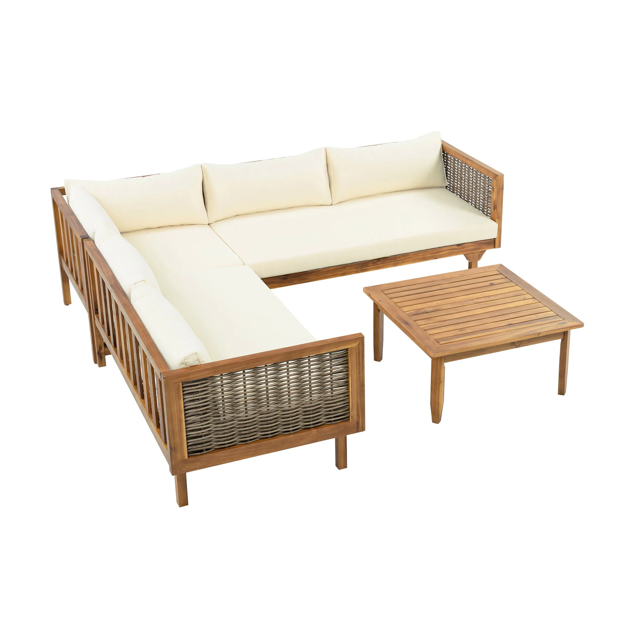 Premium Outdoor Sofa Set With Waterproof Cushions Sectional Seating Group With Acacia Wood And Wicker - Brown Mix / Beige - Image 8