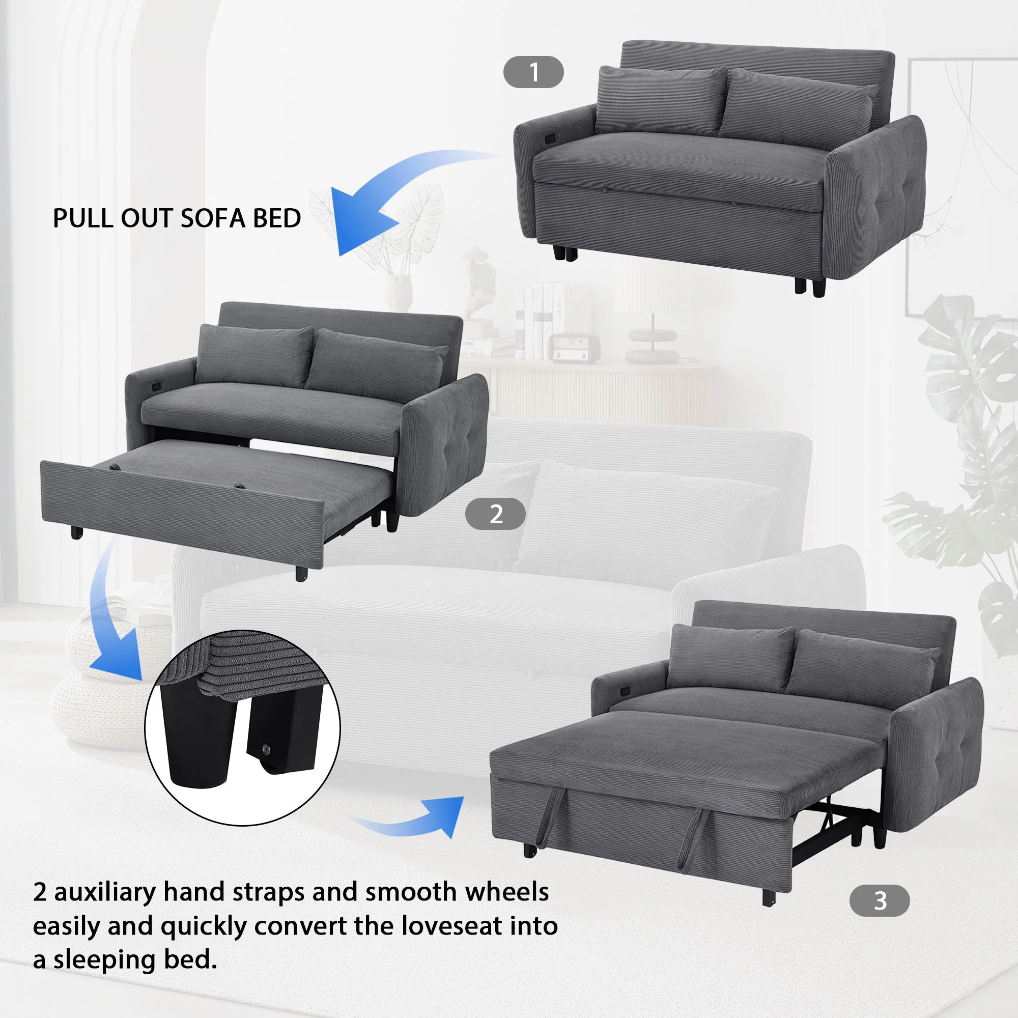 Pull-Out 2 Seat Modern Sleeper Sofa With 2 Throw Pillows And USB Ports - Image 12