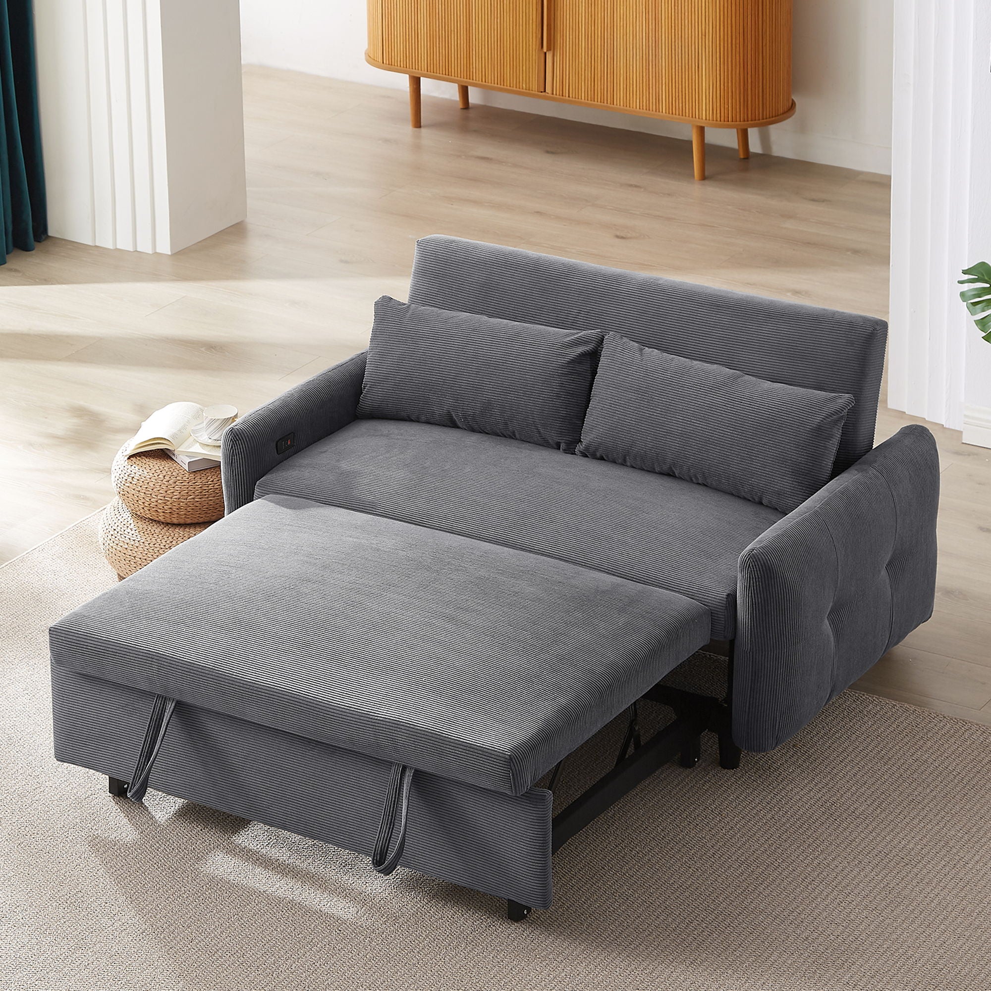 Pull-Out 2 Seat Modern Sleeper Sofa With 2 Throw Pillows And USB Ports - Image 17
