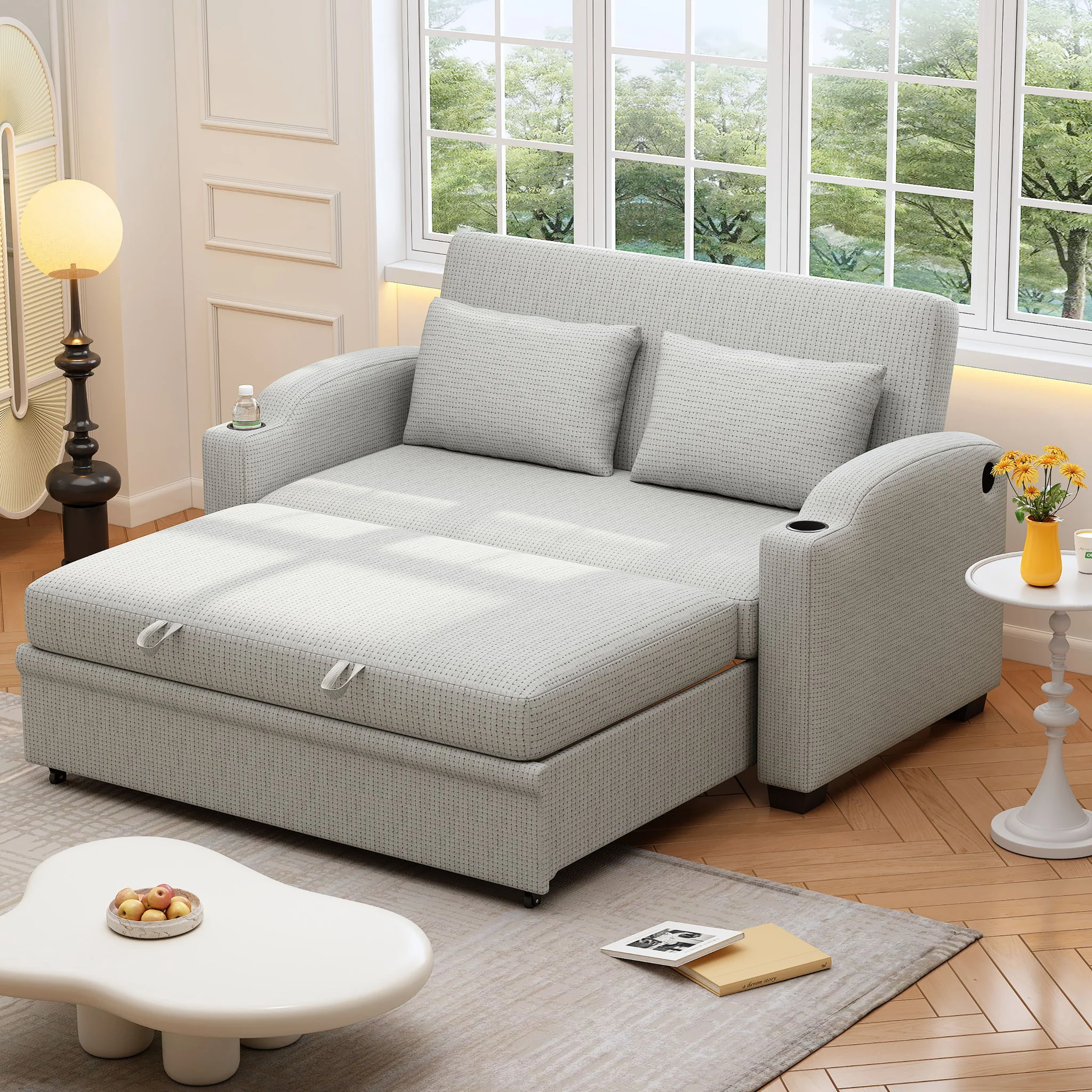 Pull Out Loveseat Sofa With Adjsutable Backrest, 2 Pillows, Cup Holders, USB Ports For Living Room - Image 16
