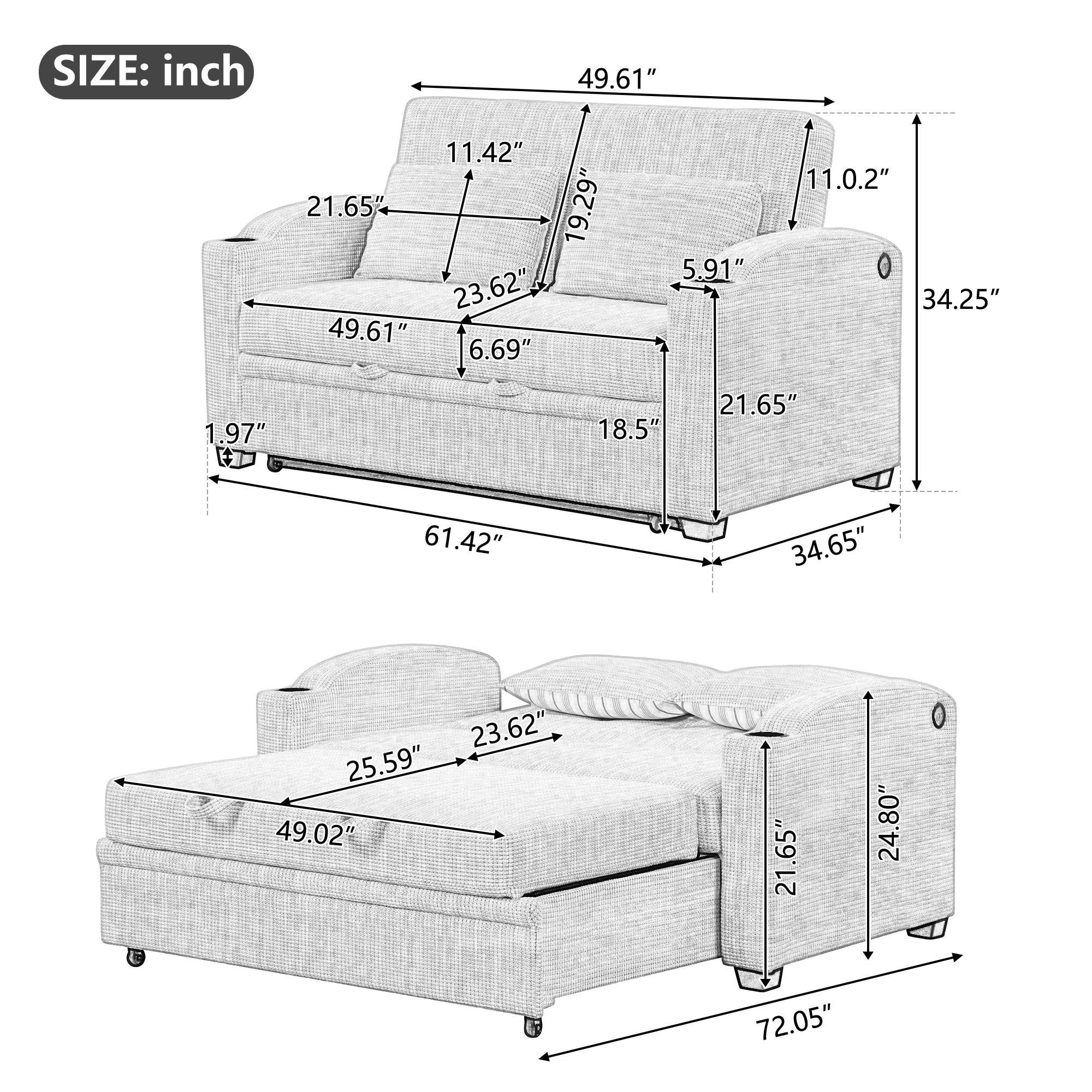 Pull Out Loveseat Sofa With Adjsutable Backrest, 2 Pillows, Cup Holders, USB Ports For Living Room - Image 8