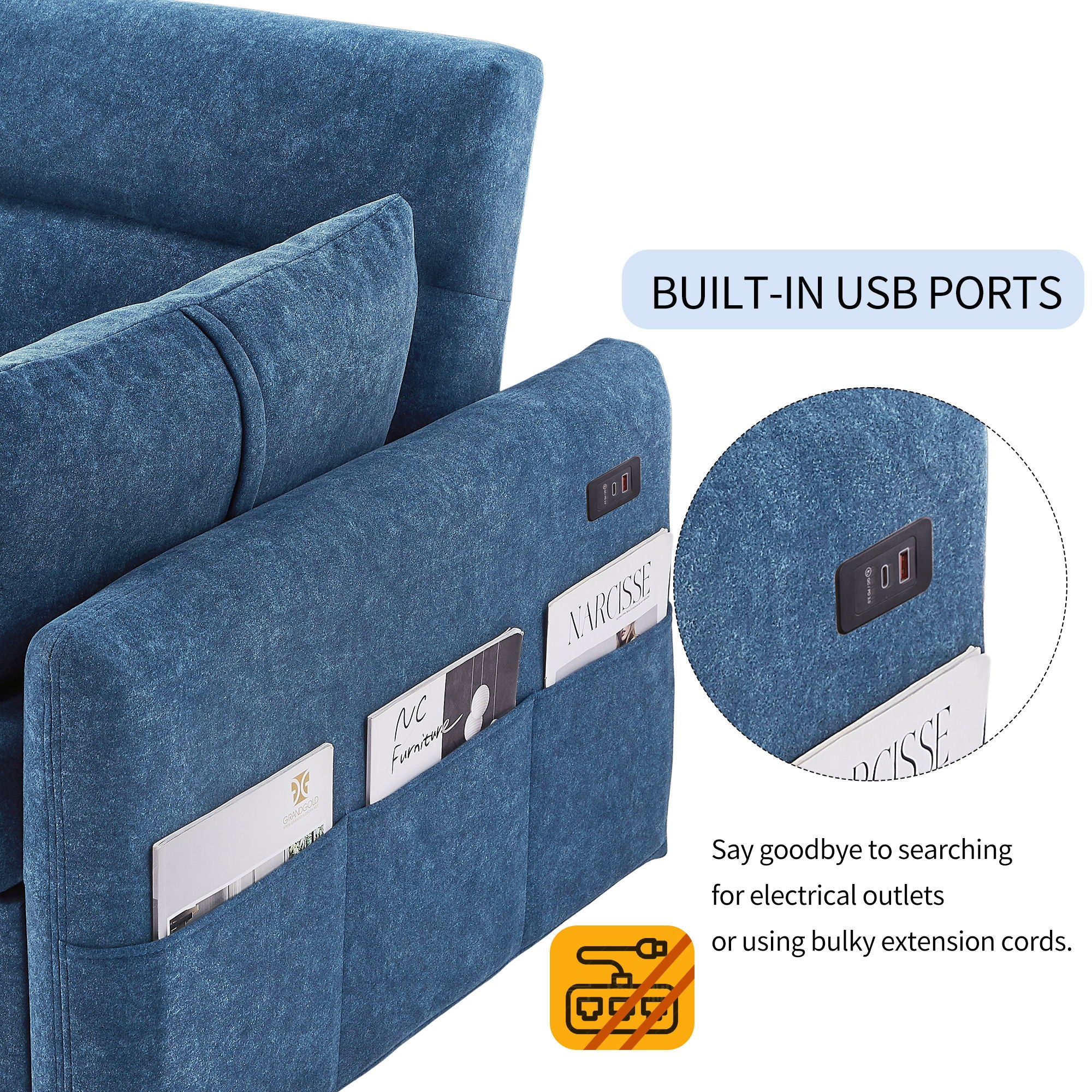 Pull Out Sleep Sofa Bed Loveseats Sofa Couch With Adjsutable Backrest, Storage Pockets, 2 Soft Pillows, USB Ports For Living Room, Bedroom, Apartment, Office - Image 23