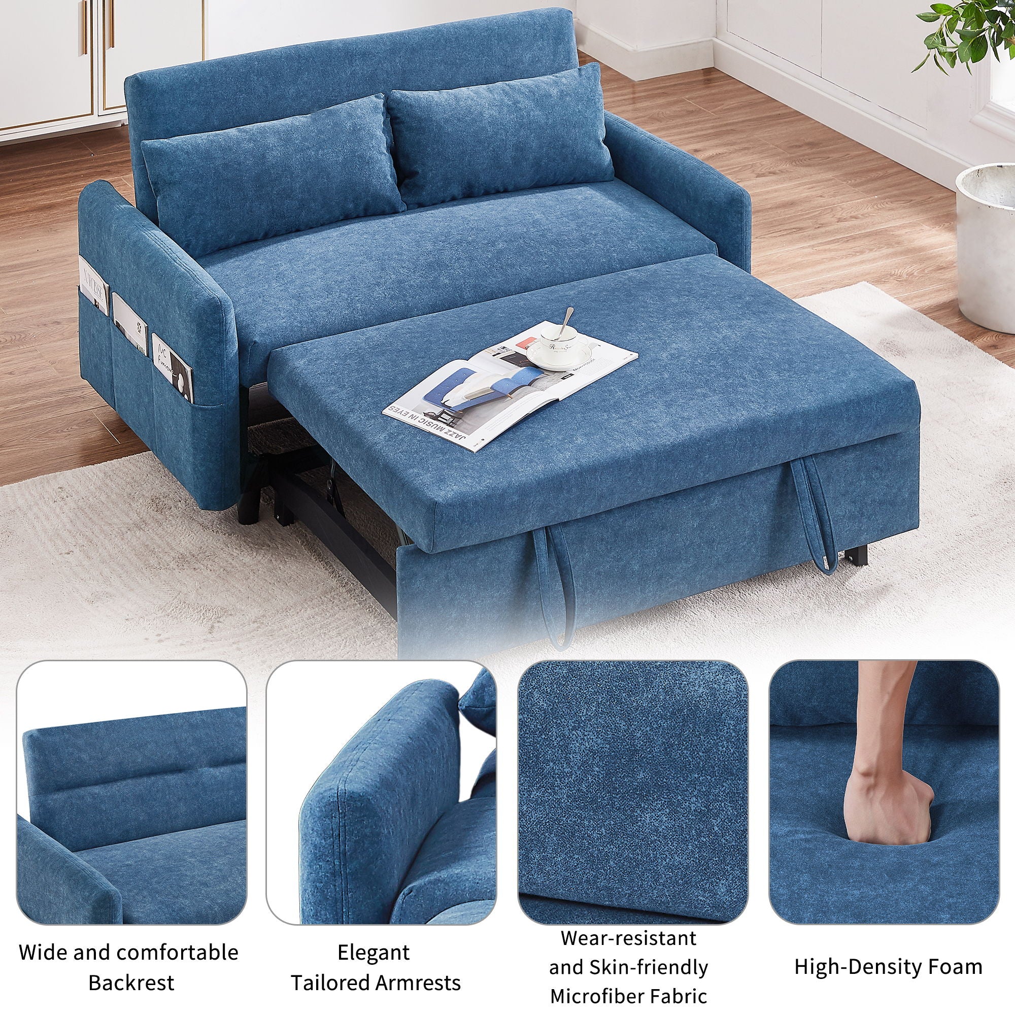 Pull Out Sleep Sofa Bed Loveseats Sofa Couch With Adjsutable Backrest, Storage Pockets, 2 Soft Pillows, USB Ports For Living Room, Bedroom, Apartment, Office - Image 9