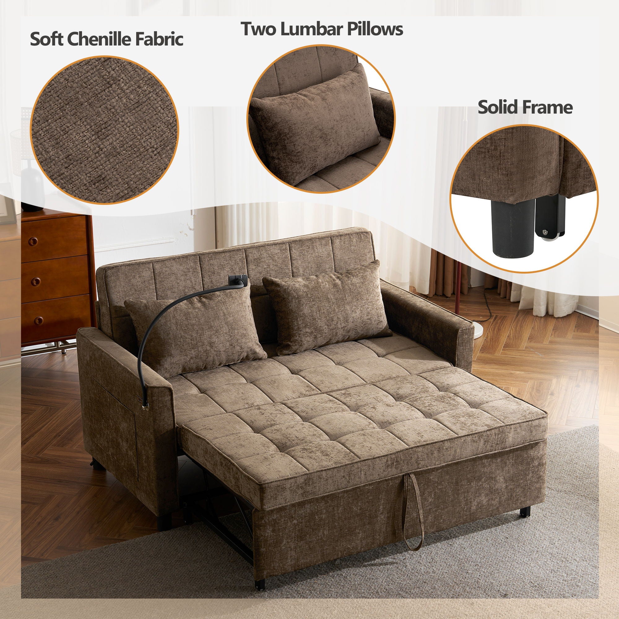 Pull-Out Sleeper Sofa With Reversible Backrest Cushion, Side Pockets, 2 USB Ports And A Phone Holder For Living Room - Image 12
