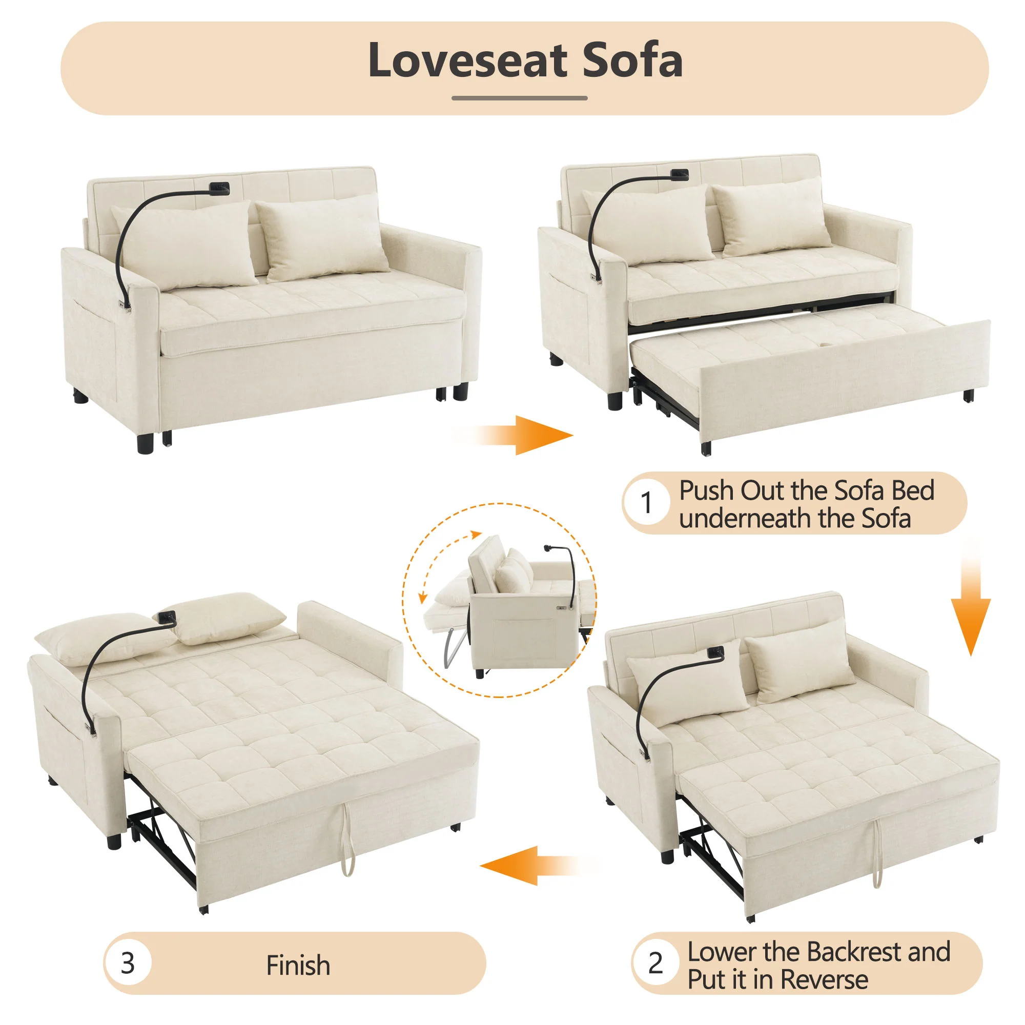 Pull-Out Sleeper Sofa With Reversible Backrest Cushion, Side Pockets, 2 USB Ports And A Phone Holder For Living Room - Image 15