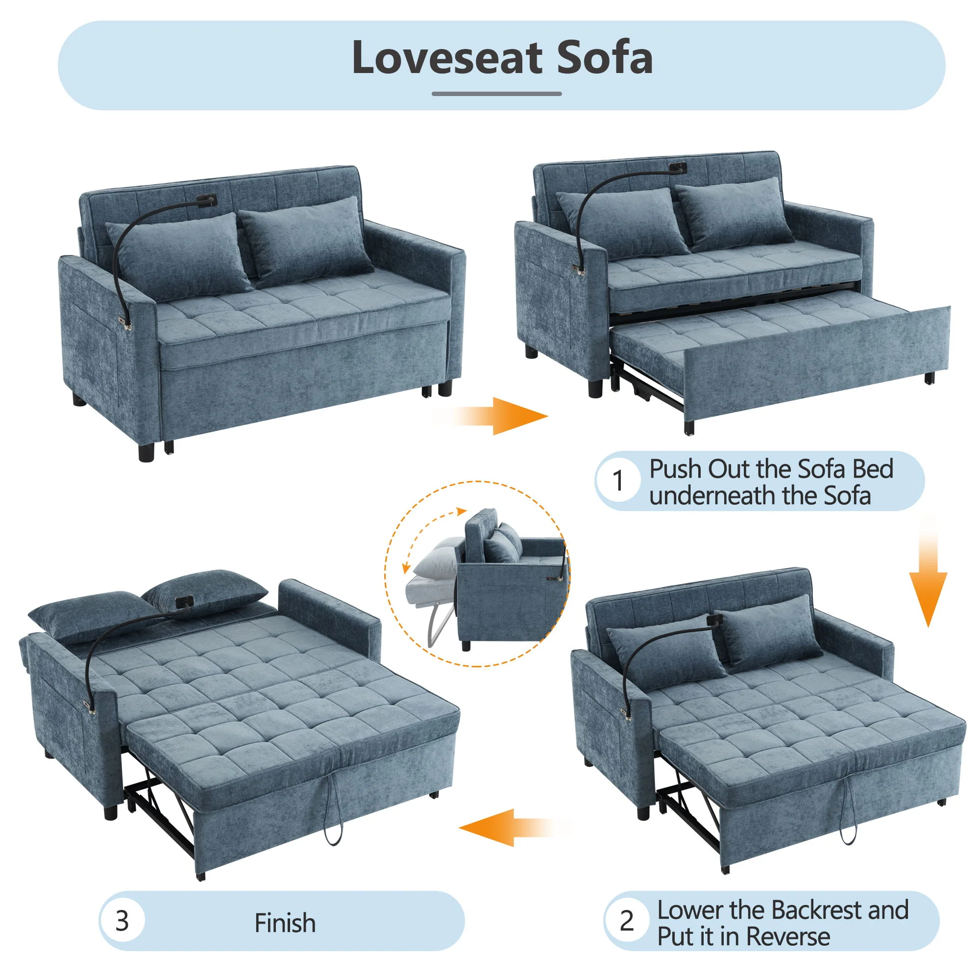 Pull-Out Sleeper Sofa With Reversible Backrest Cushion, Side Pockets, 2 USB Ports And A Phone Holder For Living Room - Image 28