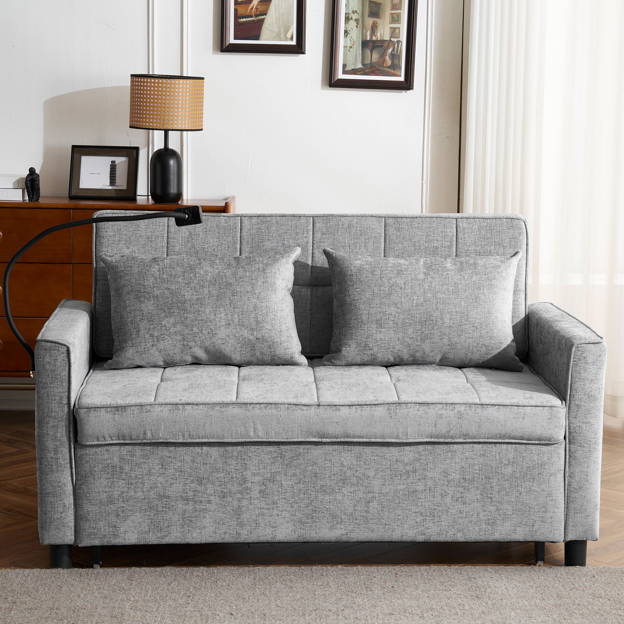Pull-Out Sleeper Sofa With Reversible Backrest Cushion, Side Pockets, 2 USB Ports And A Phone Holder For Living Room - Image 8