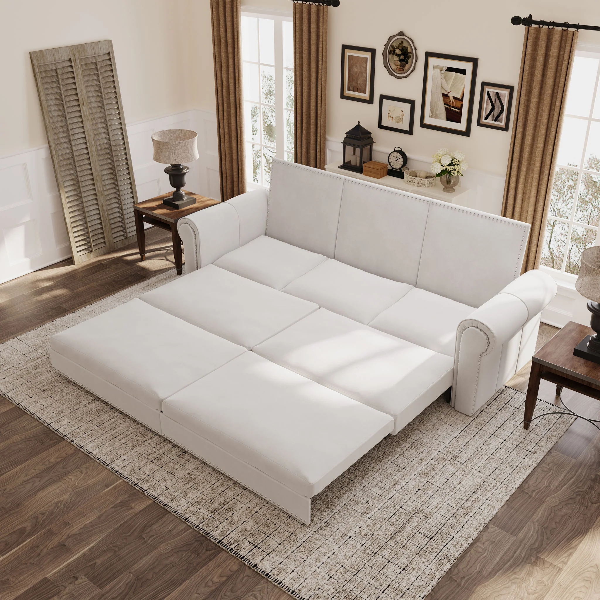 Pull Out Sofa Bed 3 In 1 Convertible Sleeper Sofa With Nailhead Trim & Rolled Arm, Multi Functional - Image 2