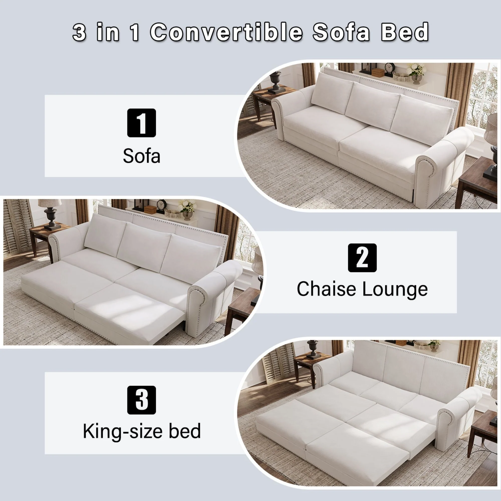 Pull Out Sofa Bed 3 In 1 Convertible Sleeper Sofa With Nailhead Trim & Rolled Arm, Multi Functional - Image 4