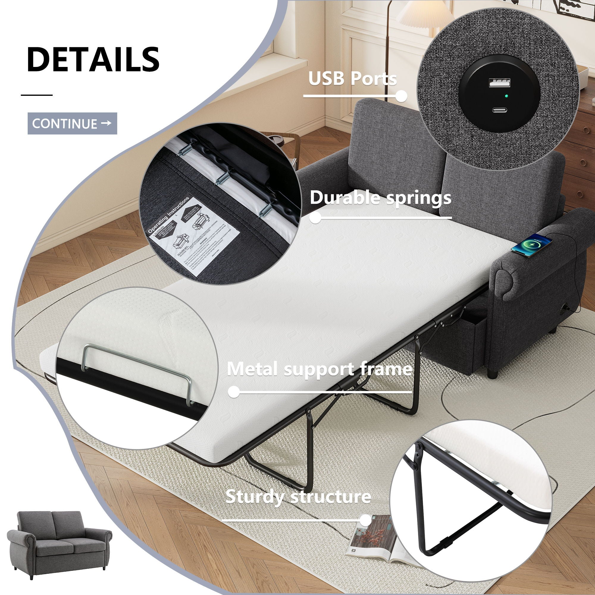 Pull Out Sofa Bed Loveseat Sleeper With Twin Size Memory Mattress With Two USB Ports For Living Room Spaces - Image 24