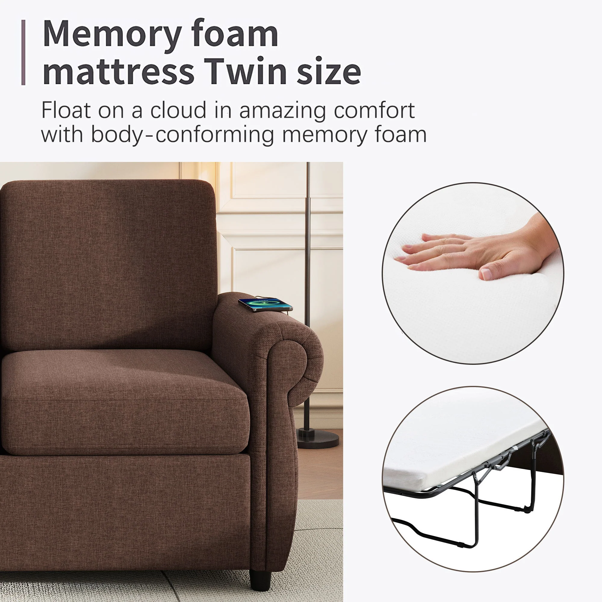 Pull Out Sofa Bed Loveseat Sleeper With Twin Size Memory Mattress With Two USB Ports For Living Room Spaces - Image 25