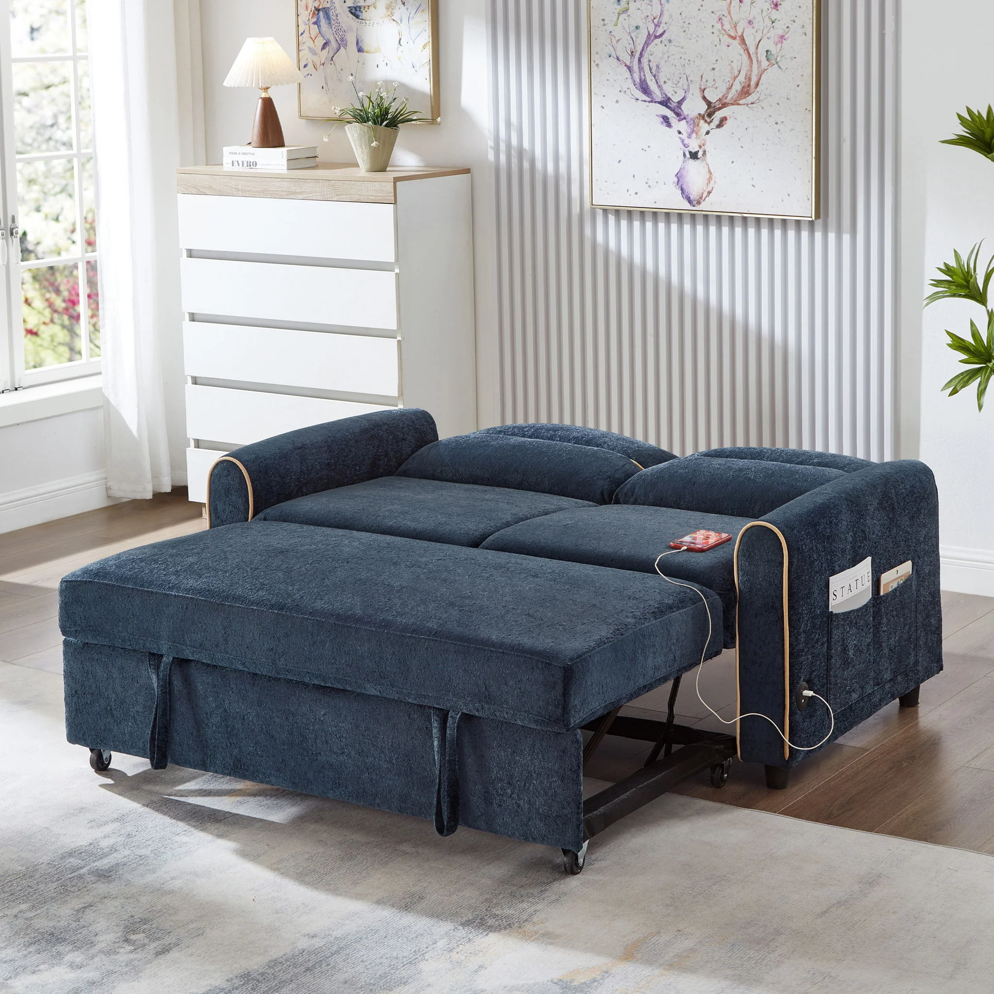Pull Out Sofa Bed With Adjustable 3 Position Backrest, USB Charging Ports, Side Pockets - Image 7